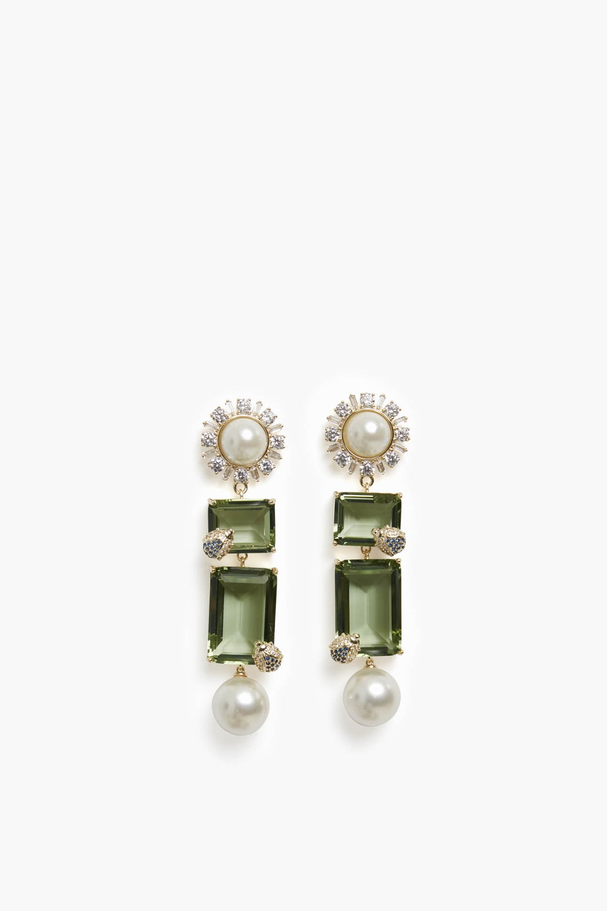 Nicola Bathie gold-plated earrings feature pearl studs, rectangular green gemstones, cubic zirconia accents, and large pearl drops for a chic look.