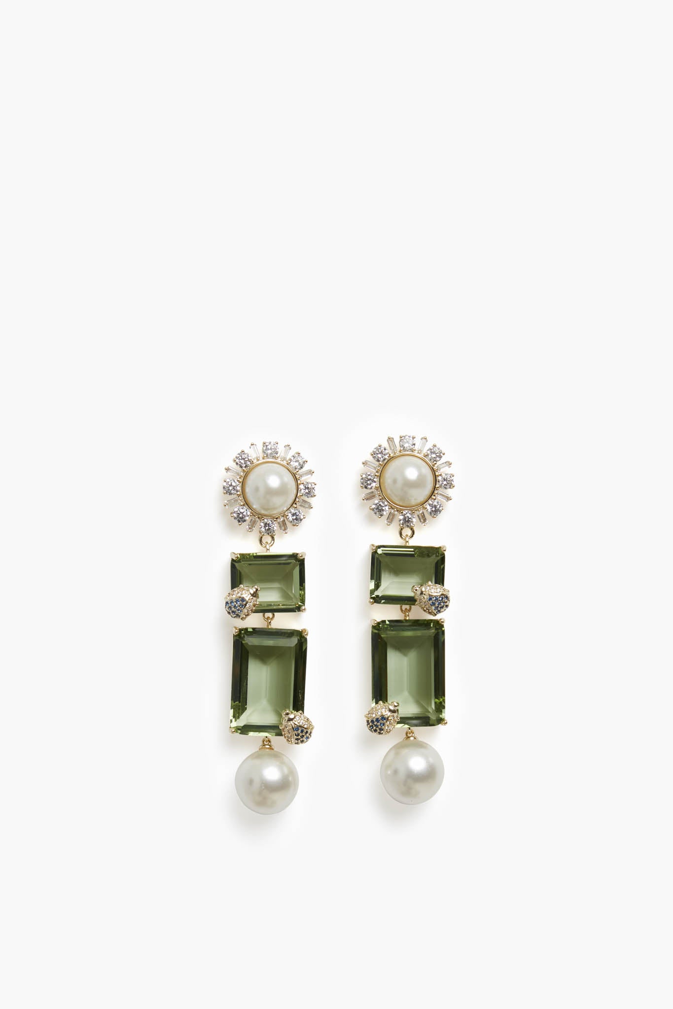 Nicola Bathie gold-plated earrings feature pearl studs, rectangular green gemstones, cubic zirconia accents, and large pearl drops for a chic look.
