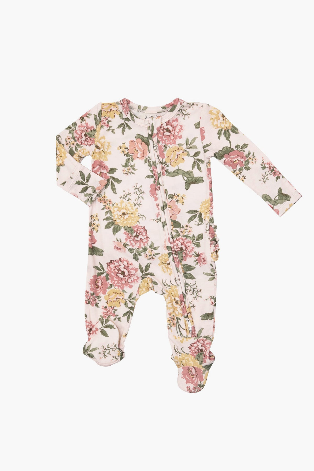 Angel Dear long-sleeve baby onesie with a pink, yellow, and green floral pattern, featuring a front diagonal zipper for easy changing.