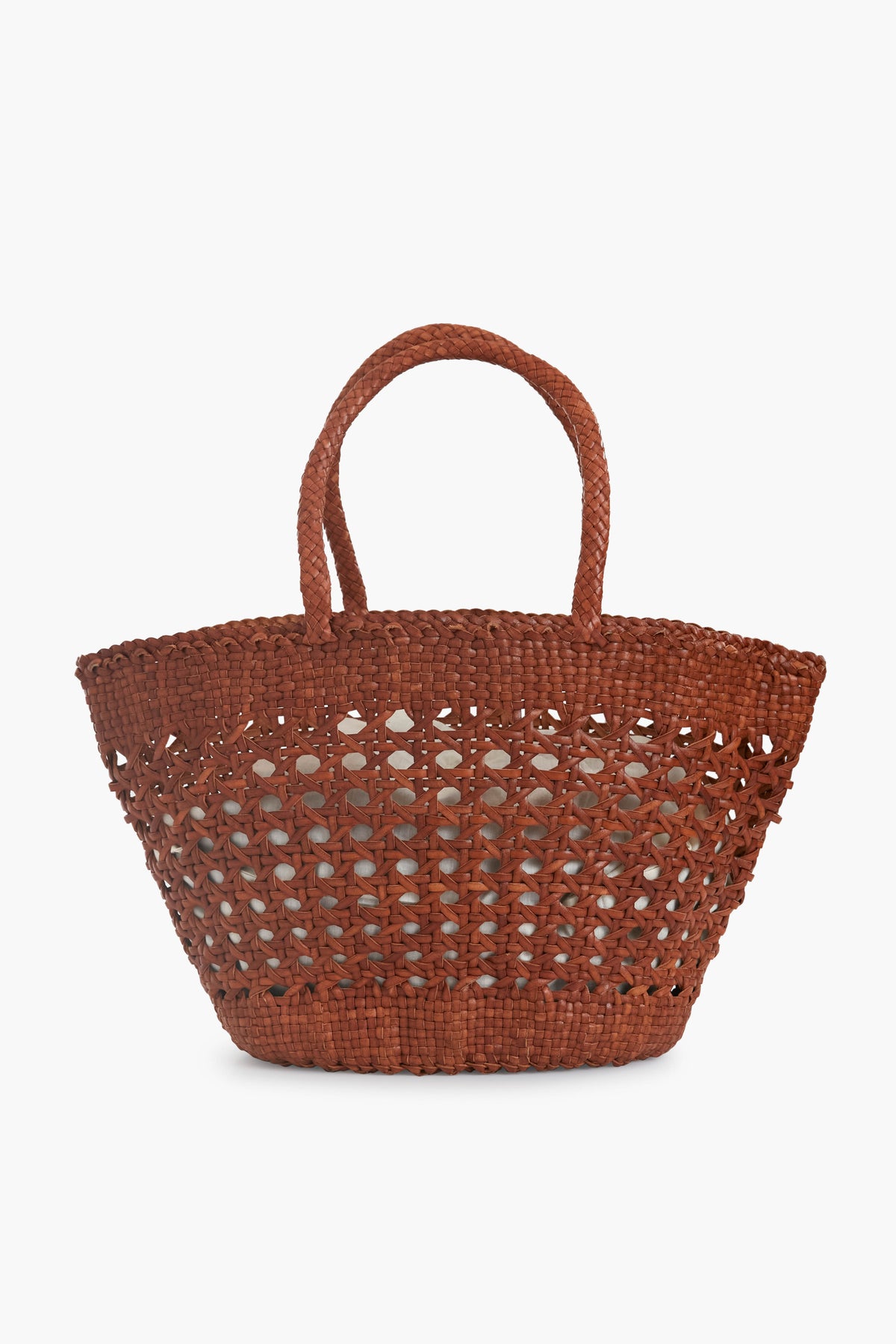 Dragon Diffusion brown handwoven tote bag featuring two handles and an open, airy design—ideal for everyday use.