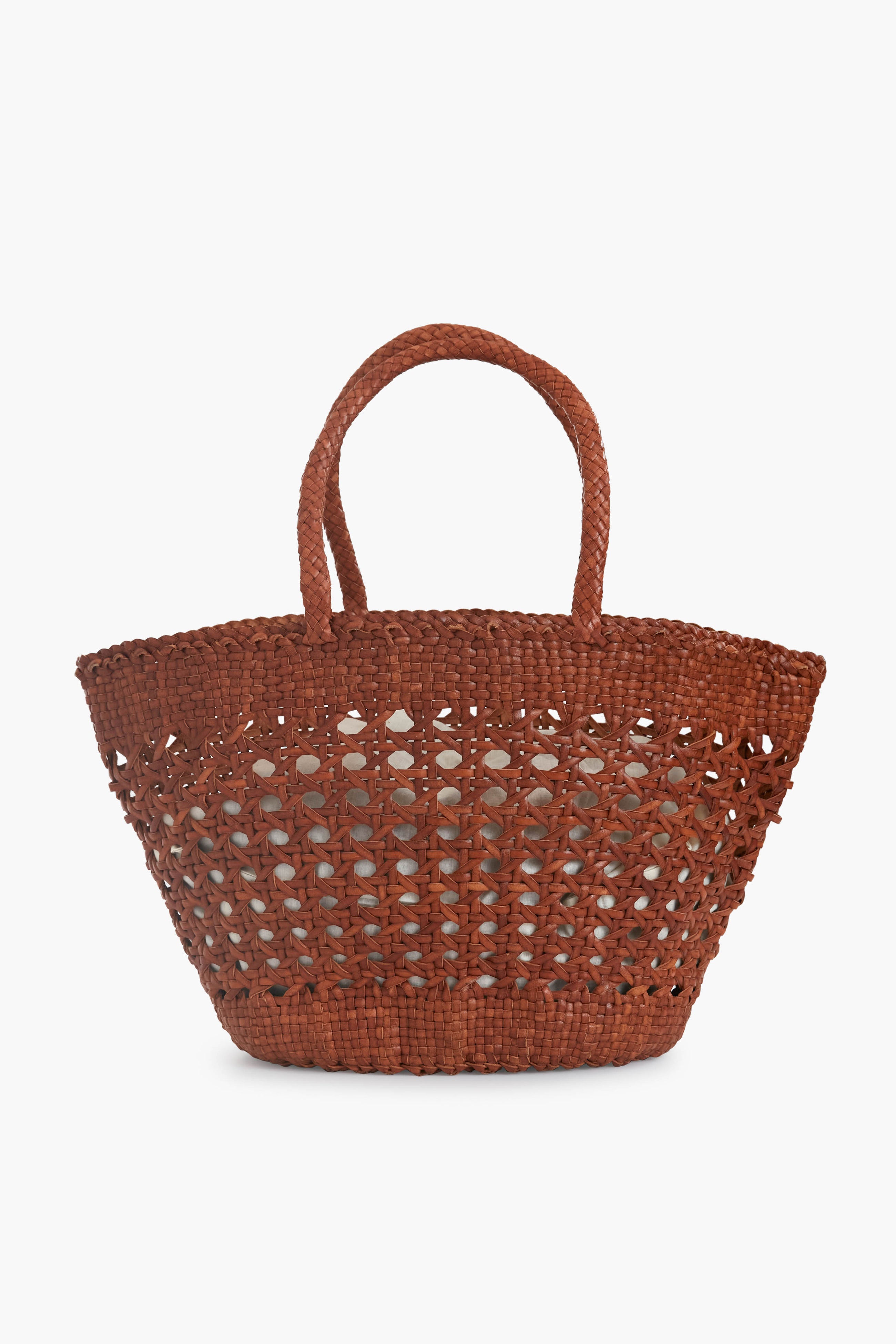 Dragon Diffusion brown handwoven tote bag featuring two handles and an open, airy design—ideal for everyday use.