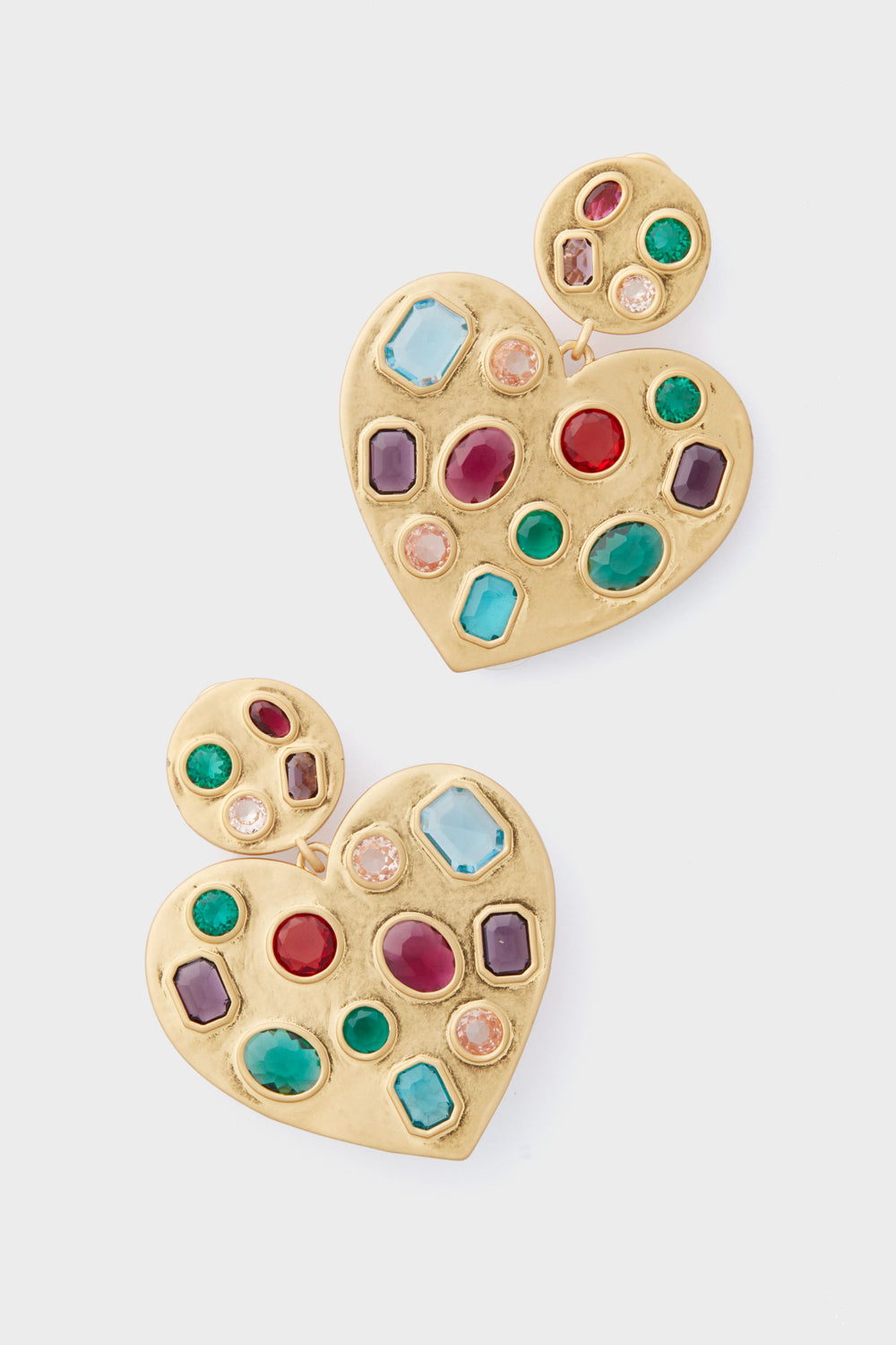 Lele Sadoughi Gold Heart-Shaped Rainbow Pop Heart Crystal Earrings featuring multicolored round, rectangular, and oval gemstones.