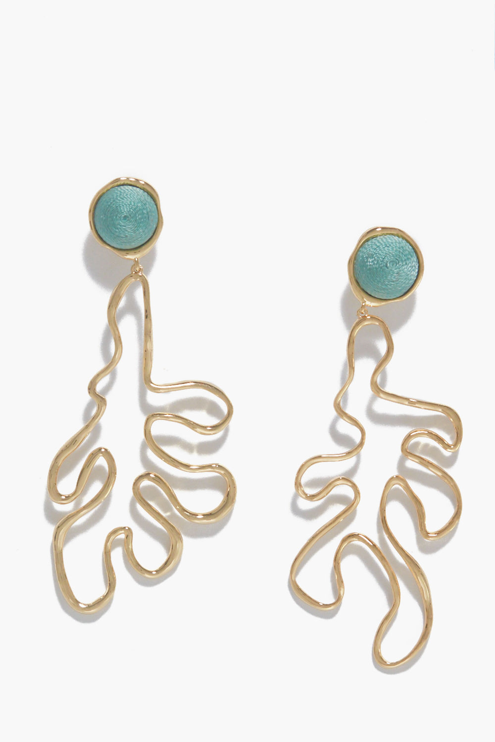 Make a statement with the Mignonne Gavigan Turquoise Abrielle Drop Earrings—gold abstract-shaped dangles with round turquoise studs and an artistic wire design.