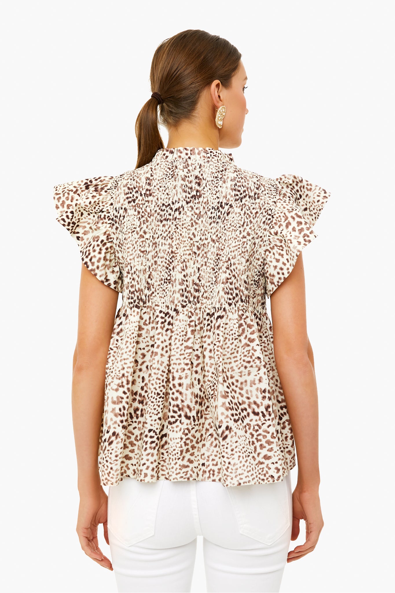 Day Calla Cheetah Flutter Sleeve Smocked Top