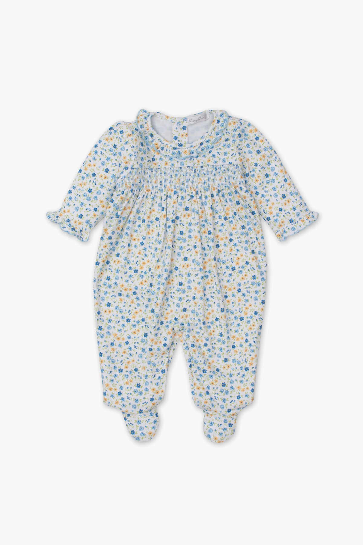 The kissy kissy long-sleeve baby onesie features footies and a blue-yellow floral pattern. Crafted from soft Peruvian cotton, this floral footie offers ultimate comfort and cozy style for your little one.