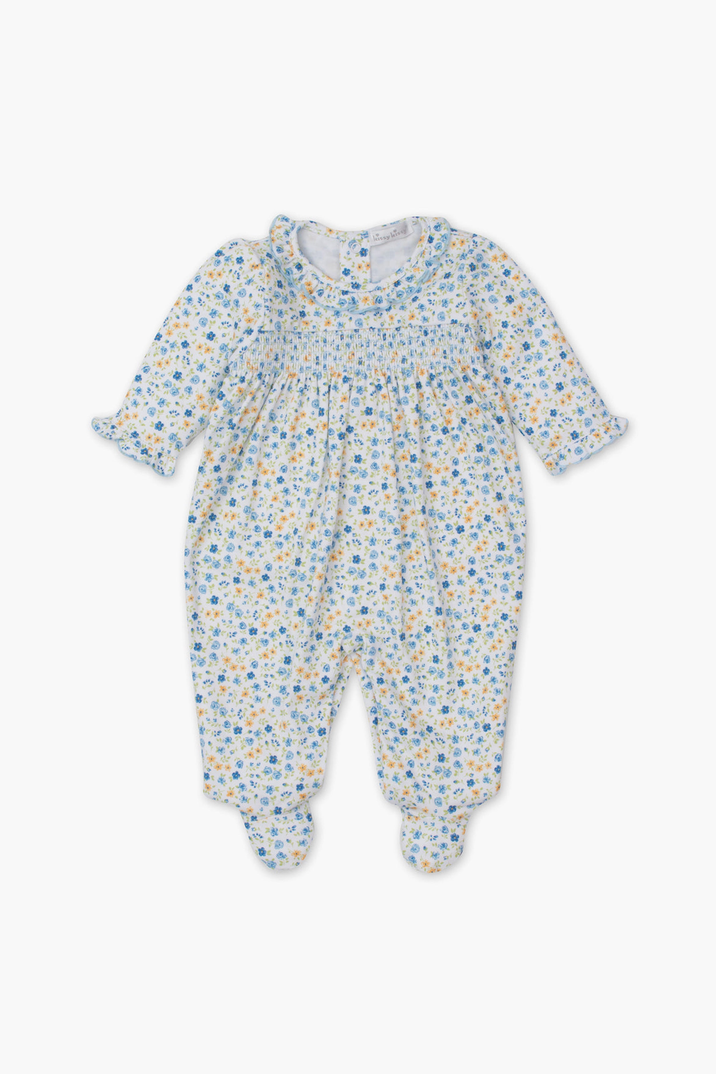 The kissy kissy long-sleeve baby onesie features footies and a blue-yellow floral pattern. Crafted from soft Peruvian cotton, this floral footie offers ultimate comfort and cozy style for your little one.