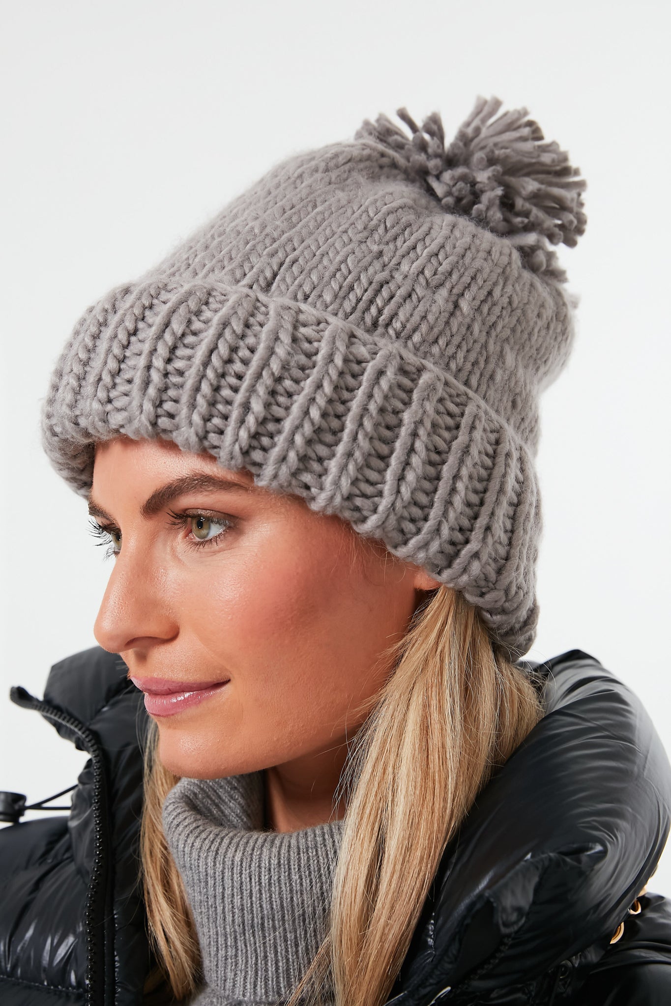 Grey Hand Knitted Basic Pom Hat