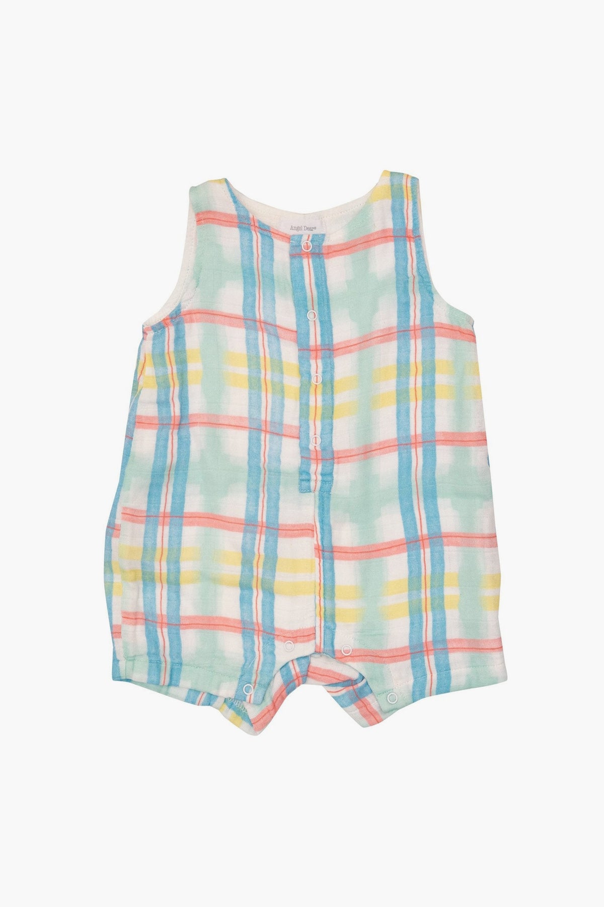 Angel Dear’s soft baby romper in pastel plaid features blue, pink, yellow, and green hues. Made from organic cotton muslin, it offers front snap buttons and short legs for easy changing.