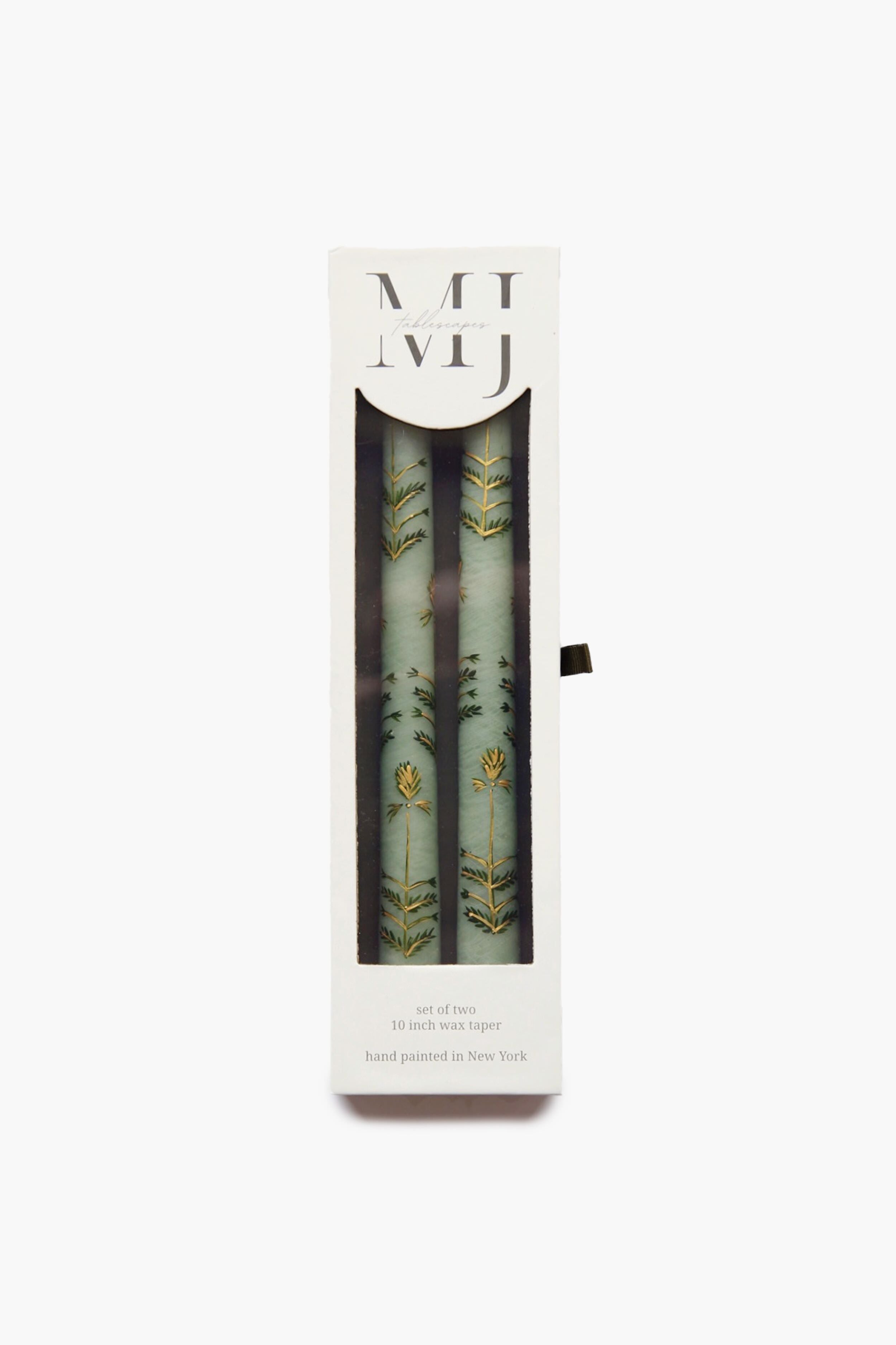 A box of two 10-inch hand-painted floral candles by MJ Tablescapes, visible through a window in white MIJ packaging.