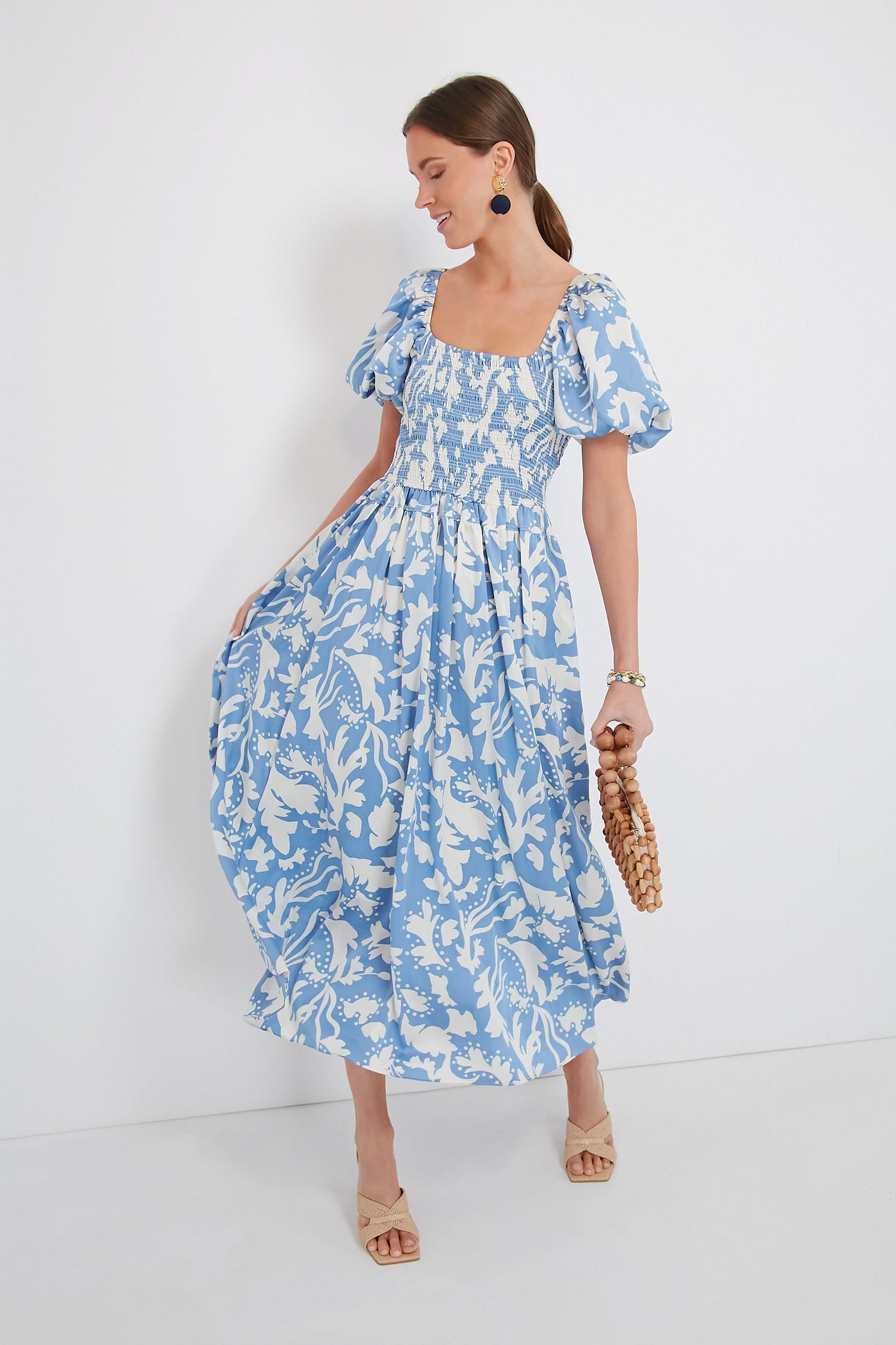 printed puff sleeve midi dress Puff Sleeve Floral Print Tiered Midi Dress - She + Sky