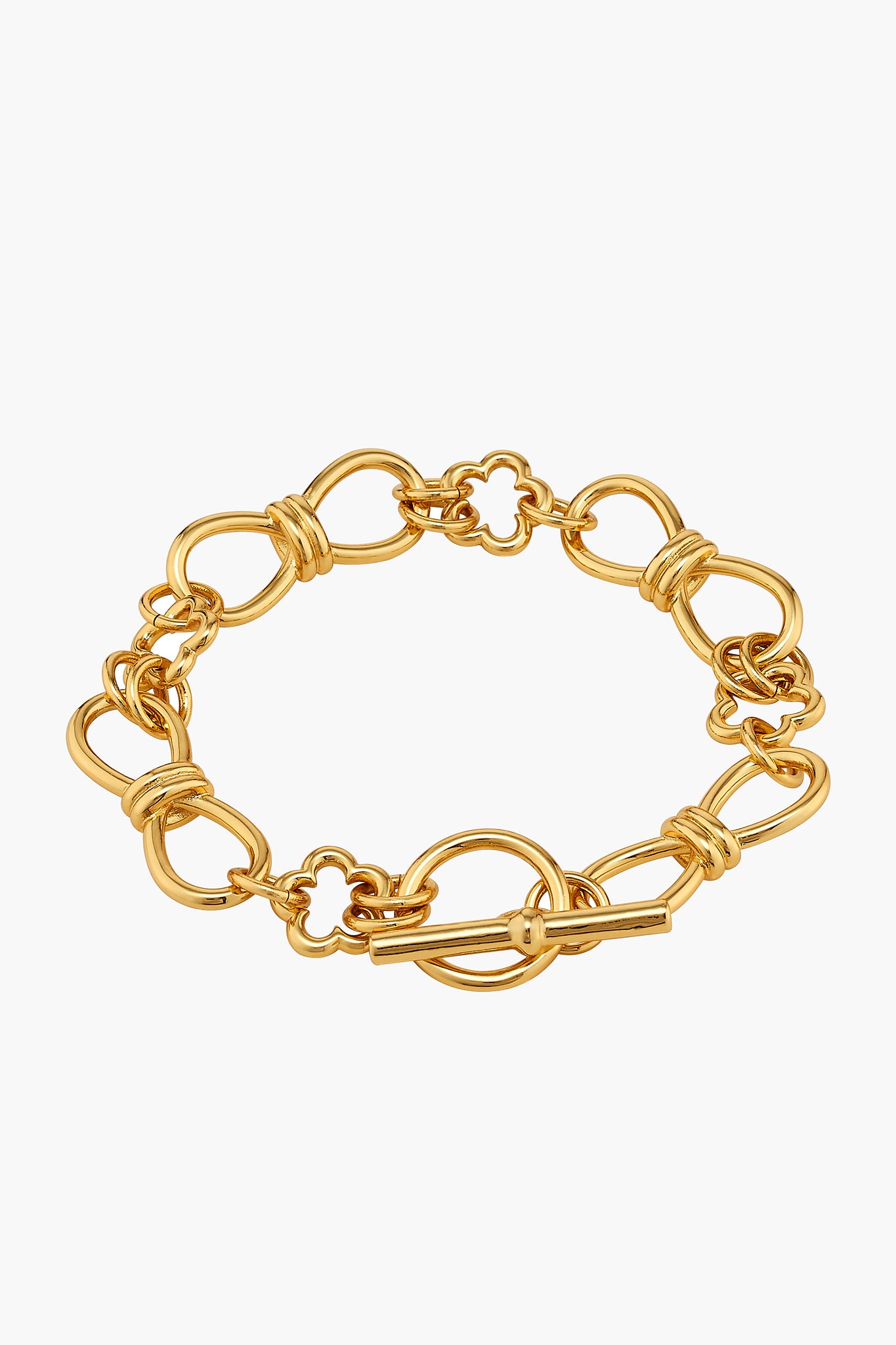 ASHA gold flower bracelet featuring interlocking heart and round links with a 14k vermeil toggle clasp.