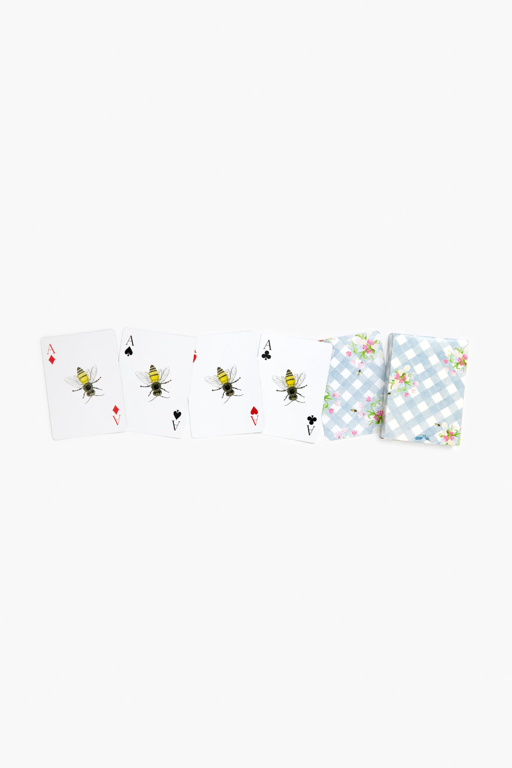 LouLou Baker set with four bee playing cards—two ace of diamonds, two ace of spades—and two blue gingham floral cards. A charming, unique hostess gift.