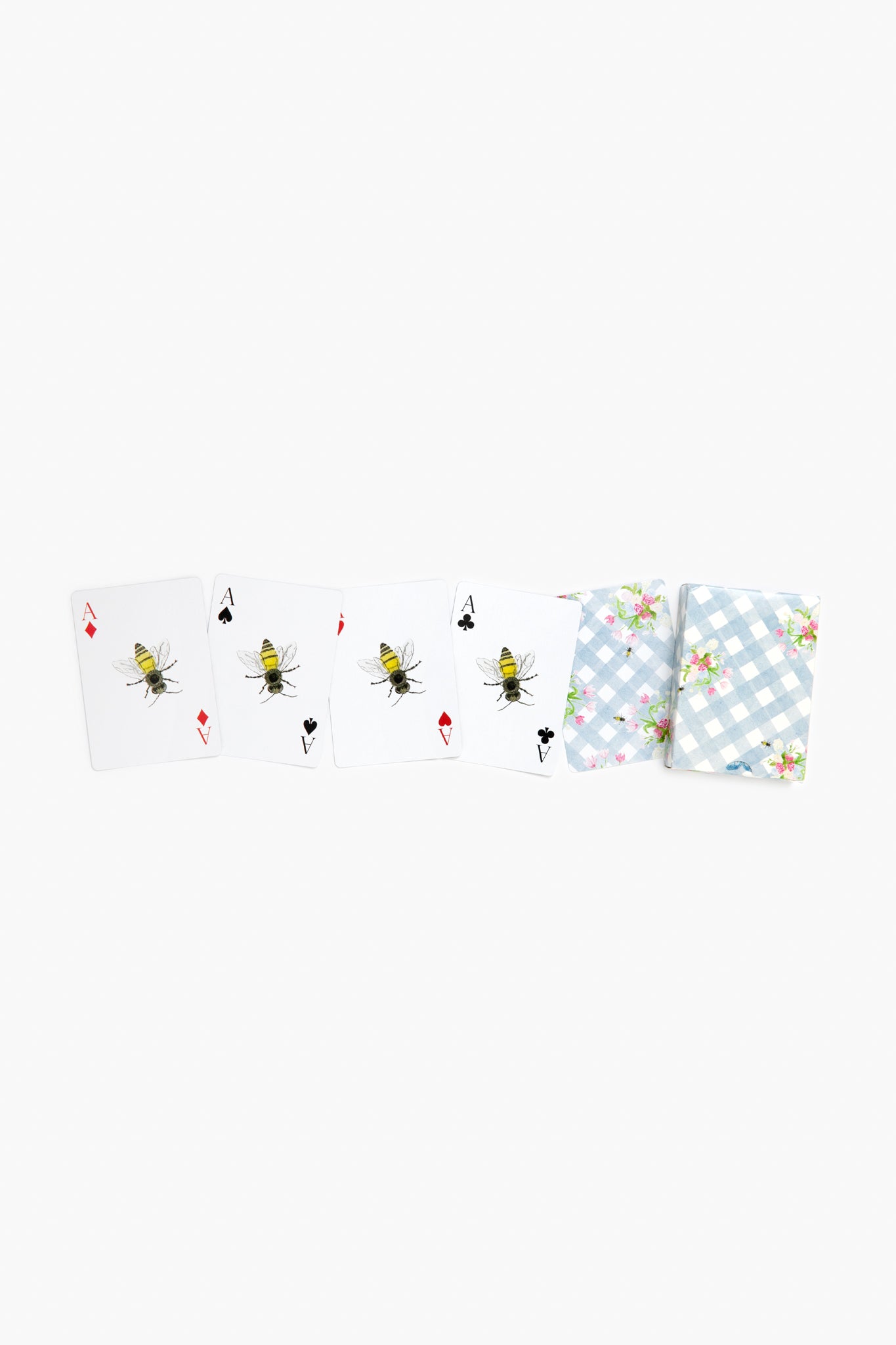 LouLou Baker set with four bee playing cards—two ace of diamonds, two ace of spades—and two blue gingham floral cards. A charming, unique hostess gift.