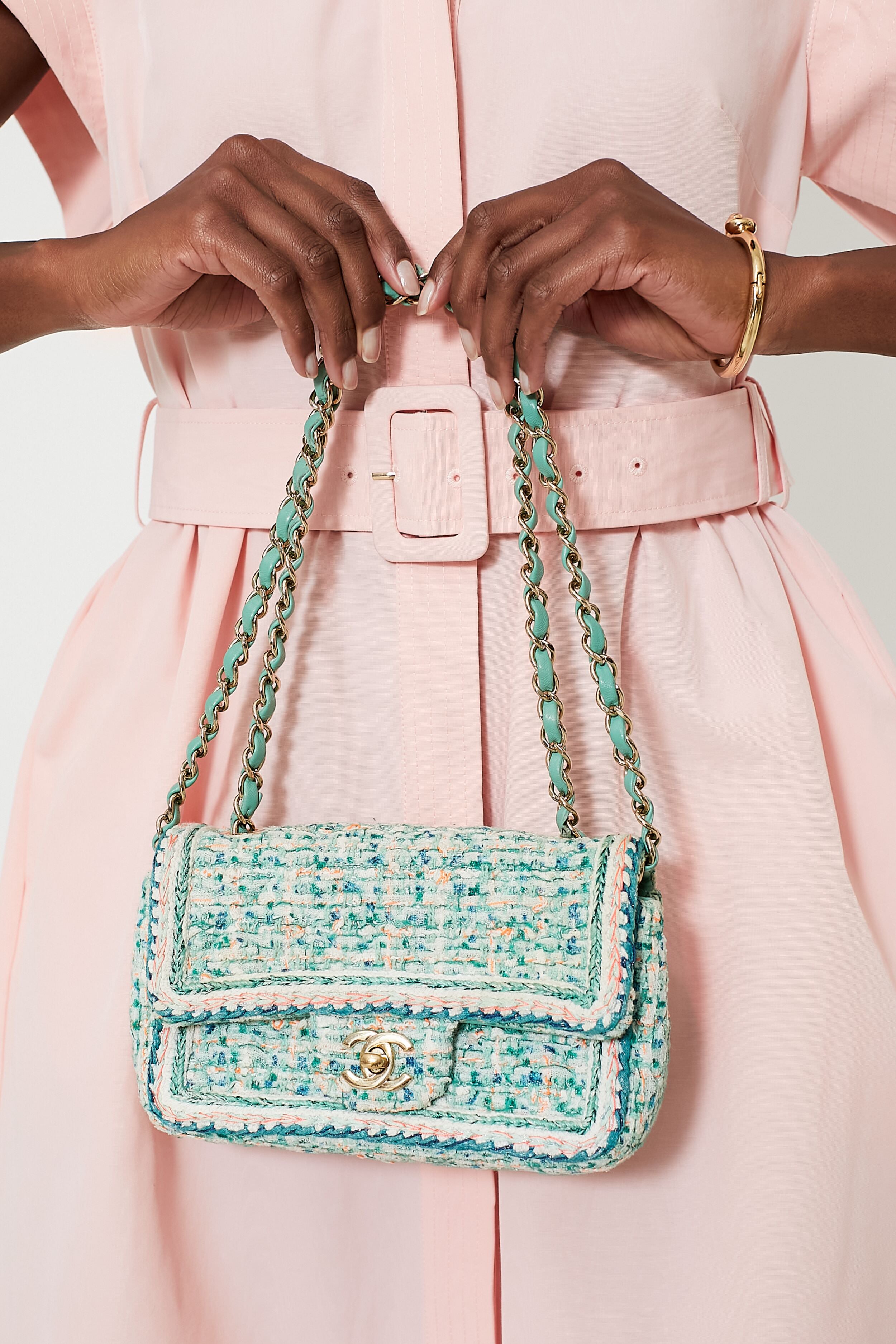 CHANEL Green Braided Tweed Flap Bag