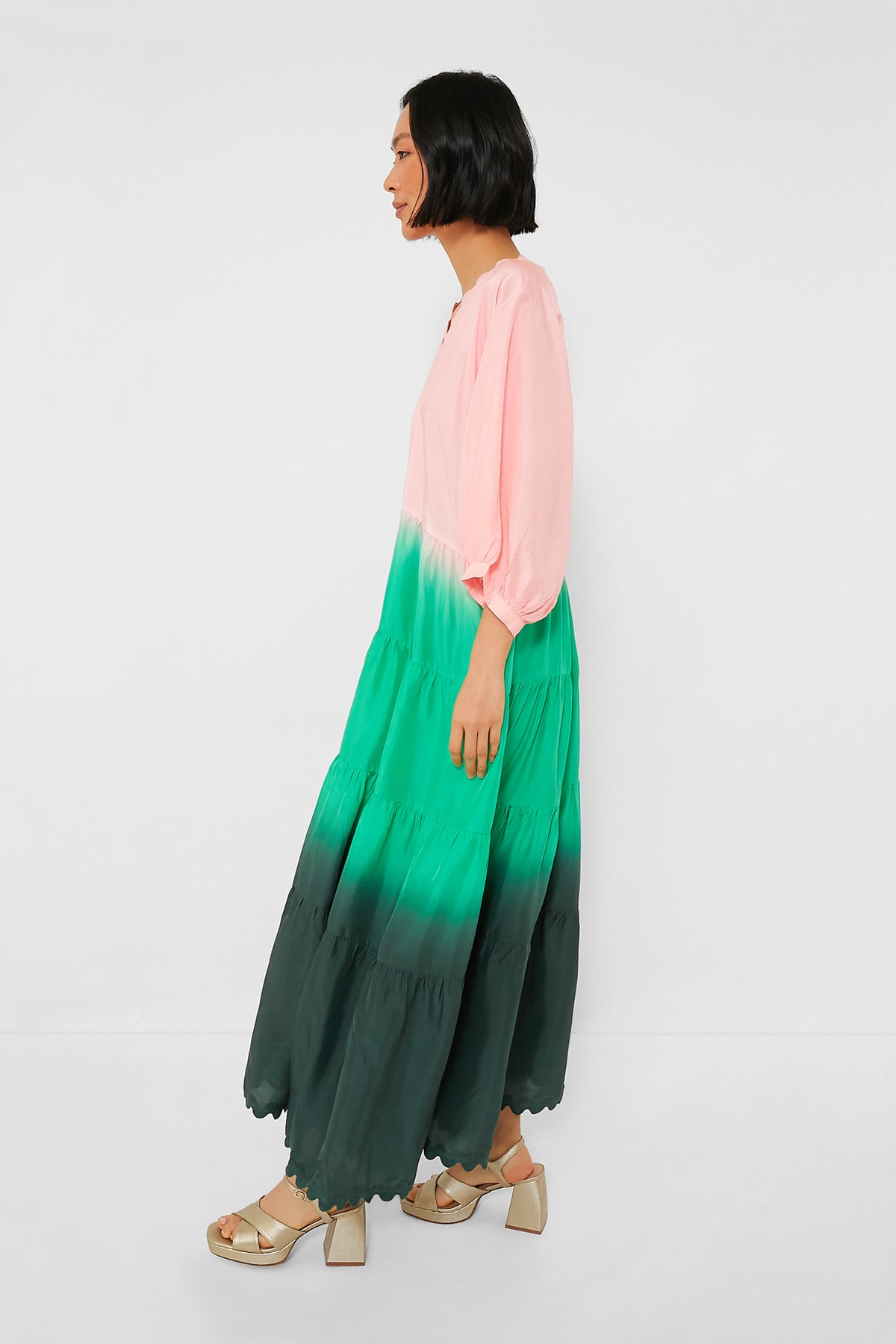 Peach Coloured Ric Rac Peach and Emerald Bottle Green Ombre V-Neck Loose Maxi Dress with Ric ...