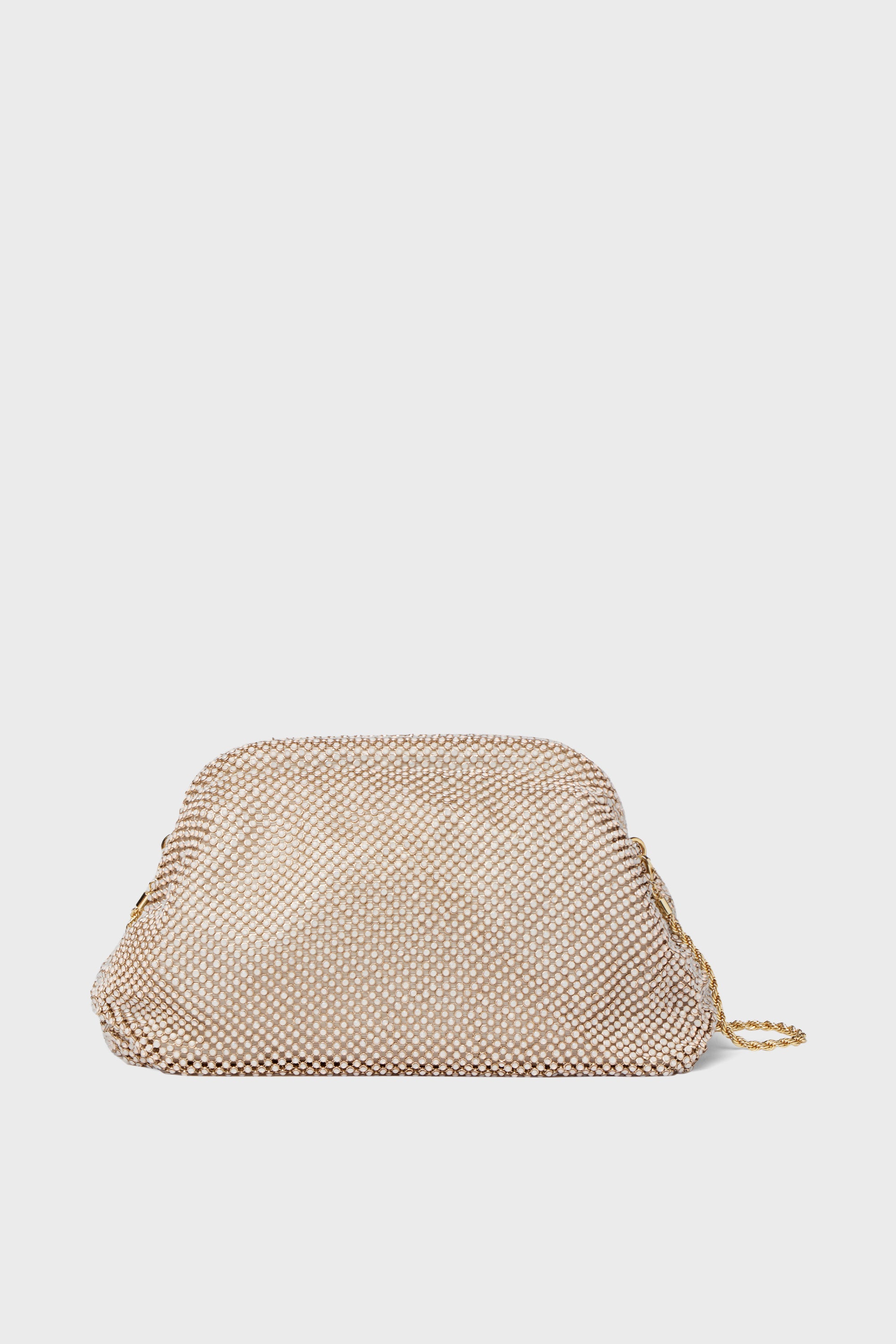 A gold mesh ruched clutch with a chain strap by Loeffler Randall, inspired by the White Opal Doreen Clutch—perfect for evenings.