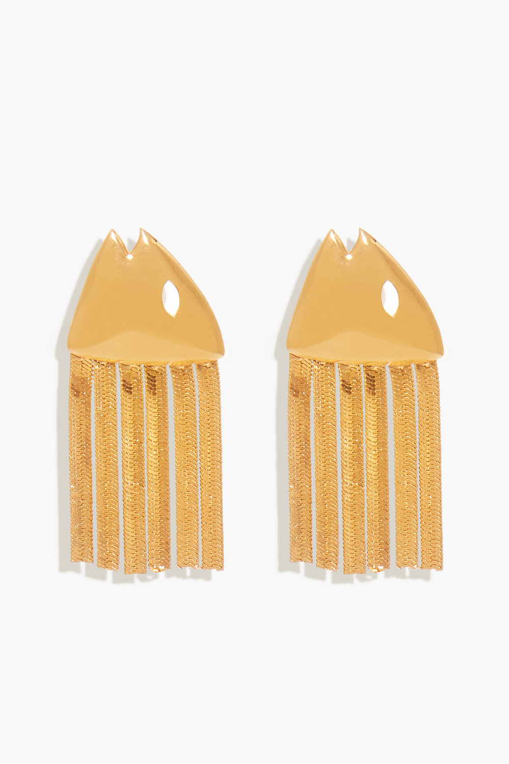 Mignonne Gavigan Goldie Fish Earrings: Gold-plated brass earrings shaped like stylized fish heads with a cutout eye and chain fringes, highlighting exquisite handmade craftsmanship.