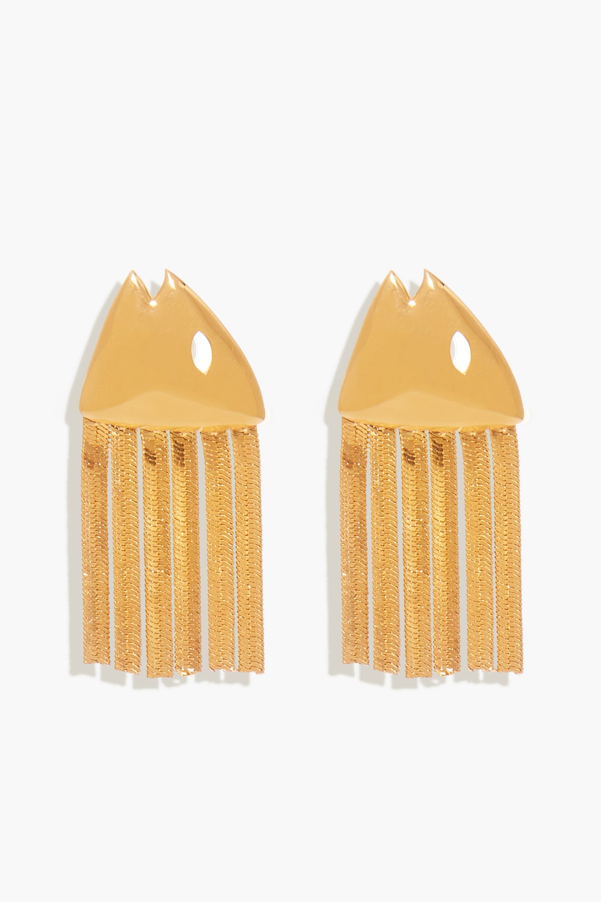 Mignonne Gavigan Goldie Fish Earrings: Gold-plated brass earrings shaped like stylized fish heads with a cutout eye and chain fringes, highlighting exquisite handmade craftsmanship.