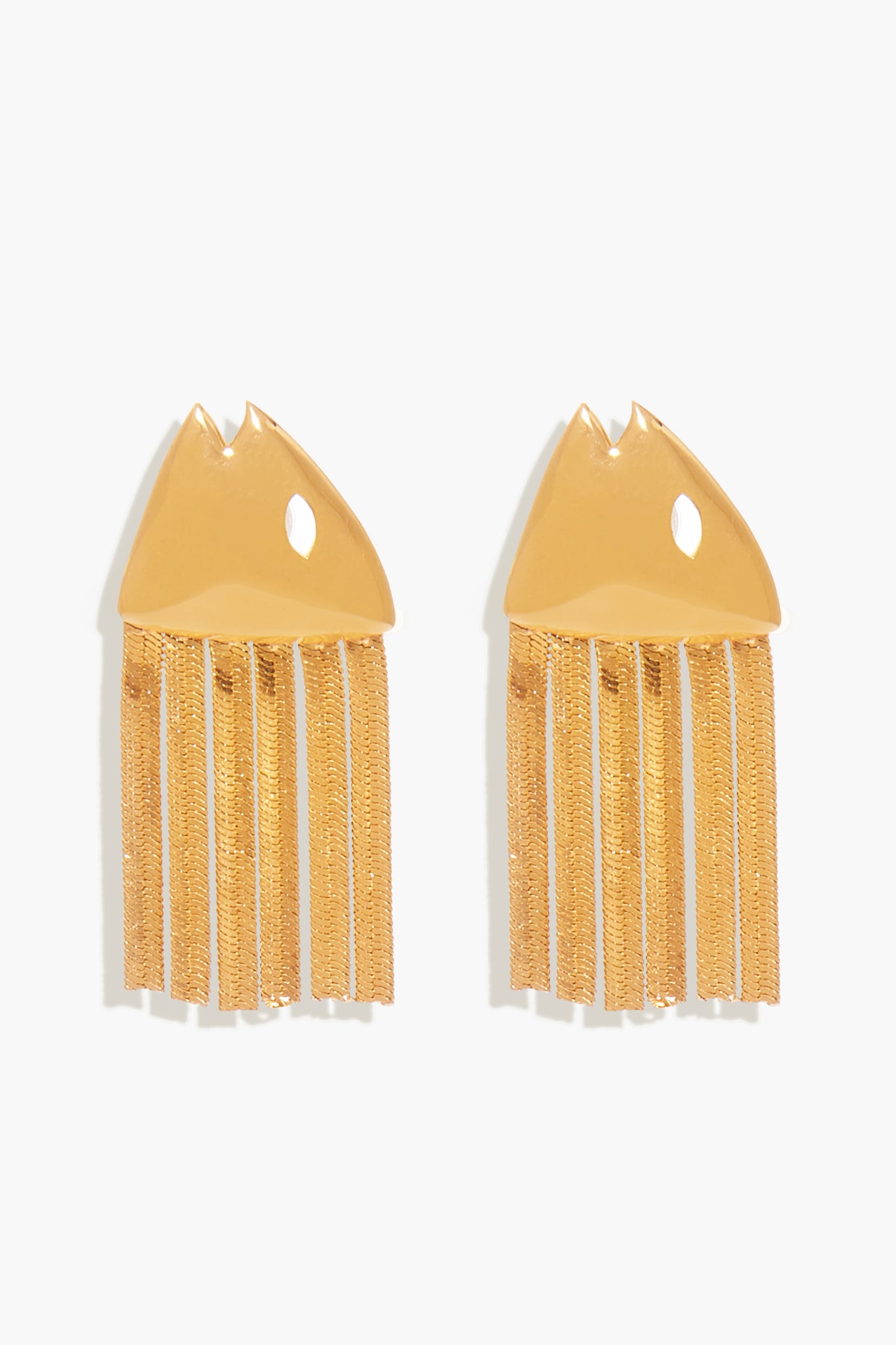 Mignonne Gavigan Goldie Fish Earrings: Gold-plated brass earrings shaped like stylized fish heads with a cutout eye and chain fringes, highlighting exquisite handmade craftsmanship.
