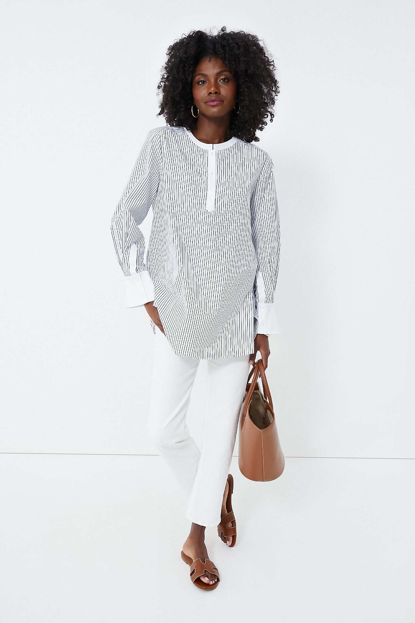 White and Navy Pinstripes Zoe Popover Tunic