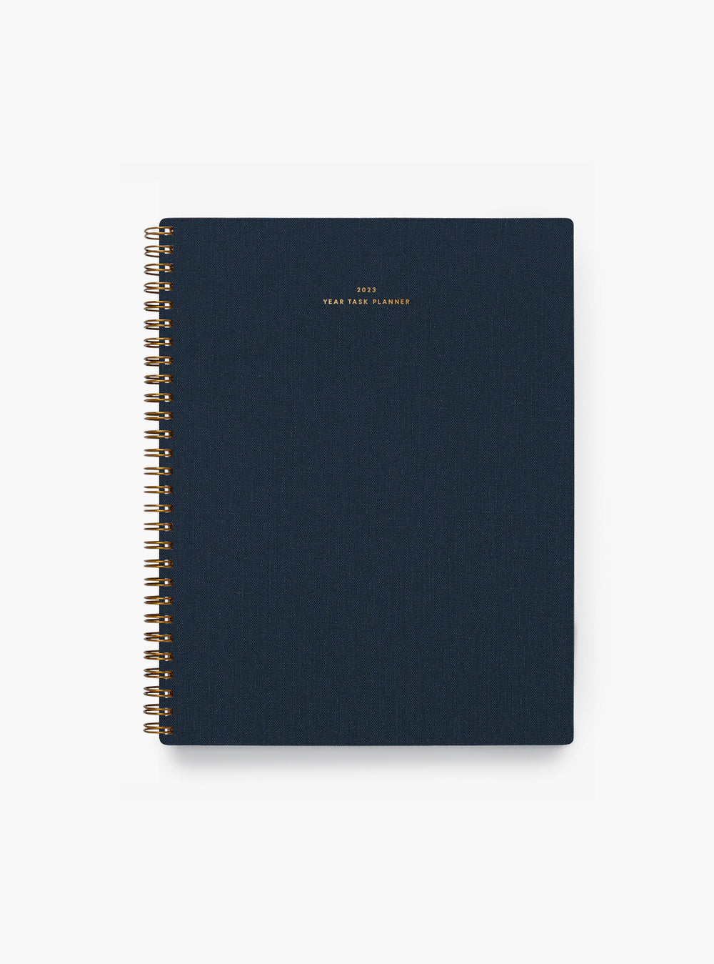 An APPOINTED navy blue cotton-blend bookcloth 2023 yearly task planner with gold cover lettering is centered.