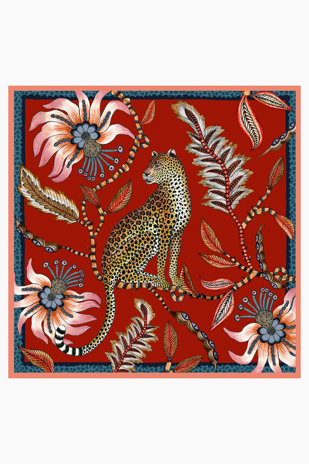 Illustration of a leopard sitting among large, stylized flowers and leaves in a jungle-inspired pattern with a blue border, from Ardmore Design.