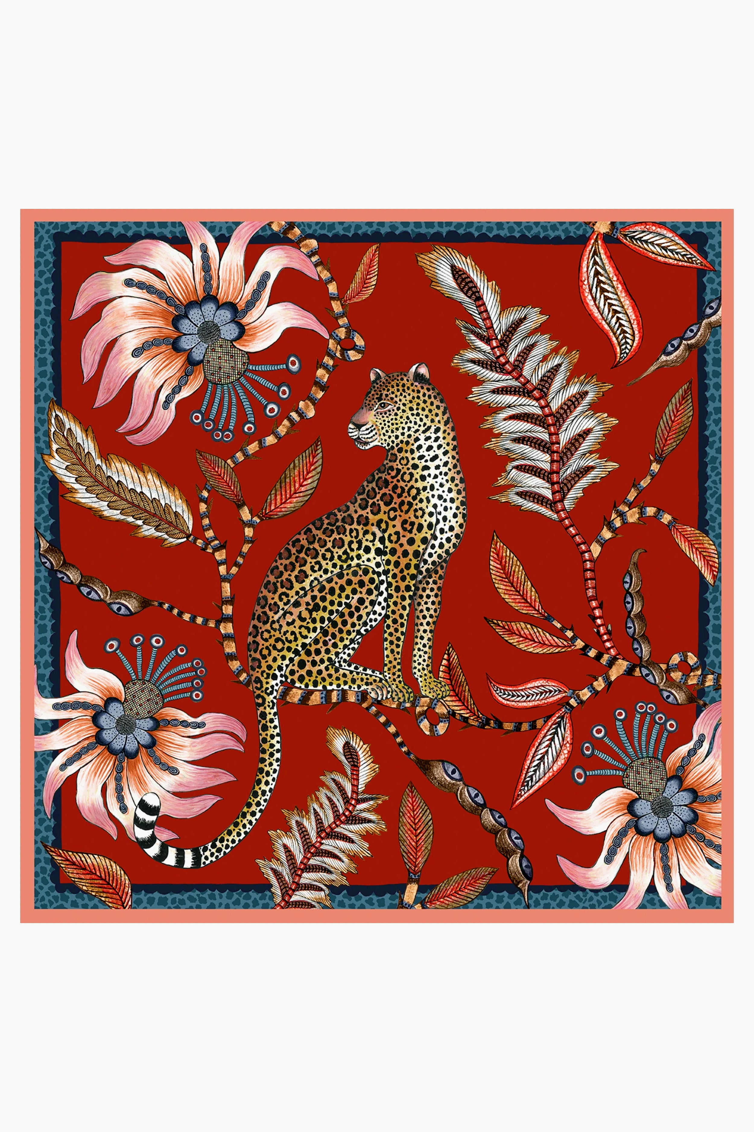 Illustration of a leopard sitting among large, stylized flowers and leaves in a jungle-inspired pattern with a blue border, from Ardmore Design.