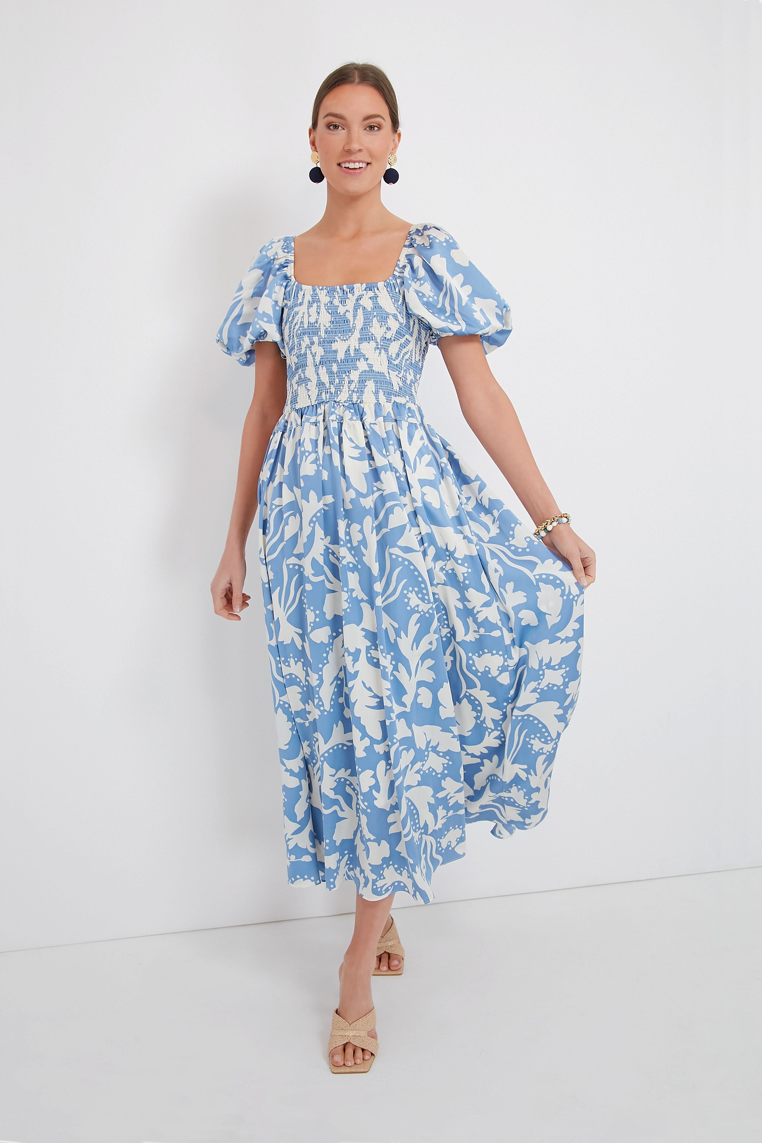 Blue Puff Sleeve Midi Dress