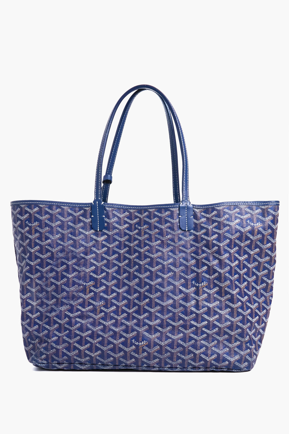 A blue Tuckernuck Archive Collection Saint Louis PM Tote Bag featuring an all-over geometric pattern, two handles, and signature Goyardine-style canvas.