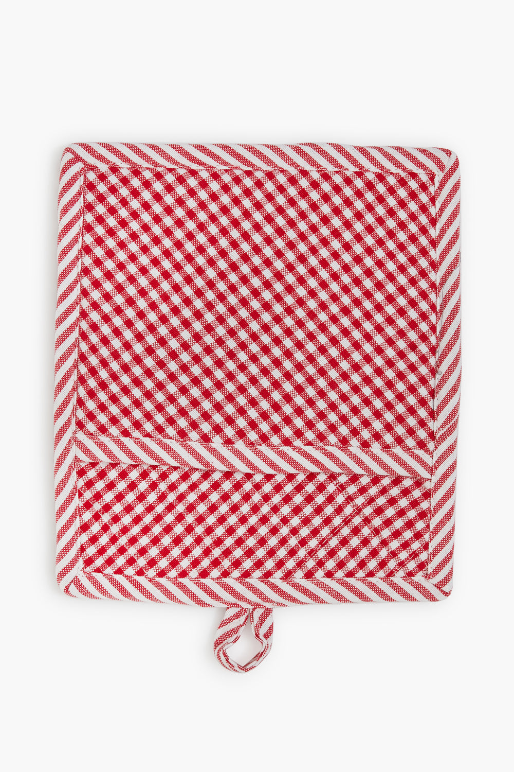 A classic kitchen accessory, the Caton's Wharf Tango Red Chef Stripe Potholder features a red and white checkered design, striped border, fabric hanging loop, and is crafted from 100% cotton.