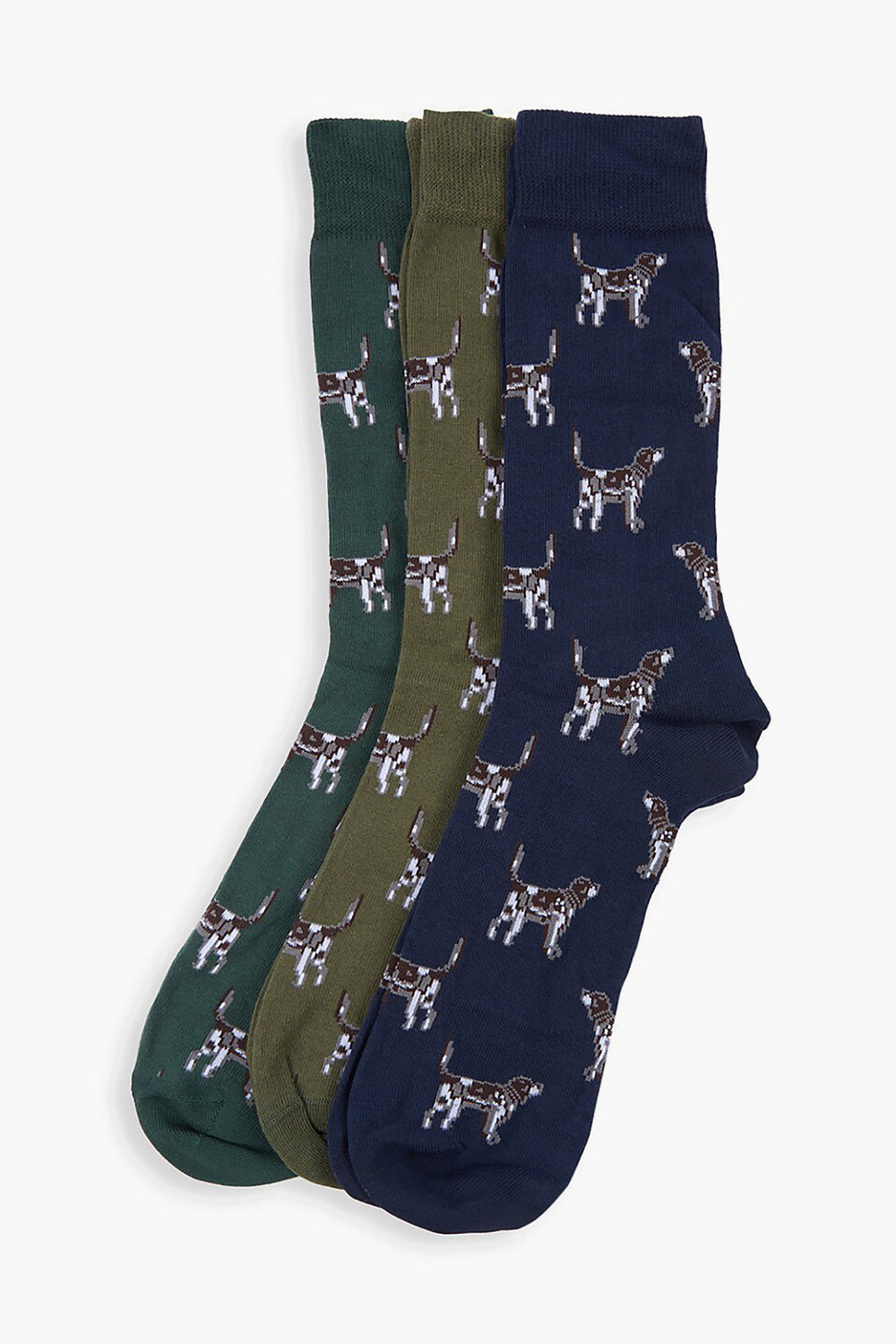 Three pairs of Barbour socks in green, olive, and navy, each with a repeating dog pattern. Made from a soft cotton blend for comfort—an ideal gift for dog lovers.