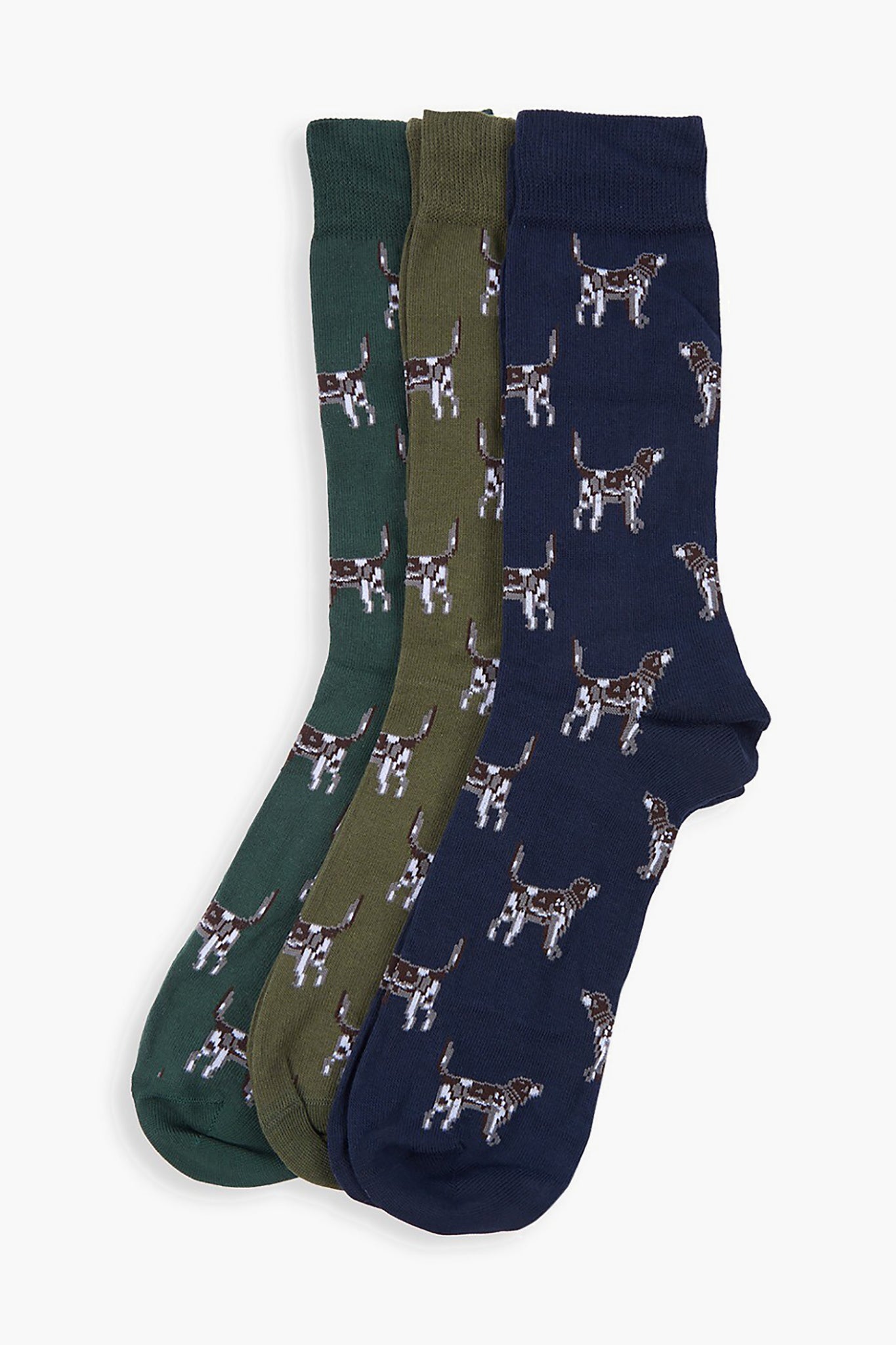 Three pairs of Barbour socks in green, olive, and navy, each with a repeating dog pattern. Made from a soft cotton blend for comfort—an ideal gift for dog lovers.