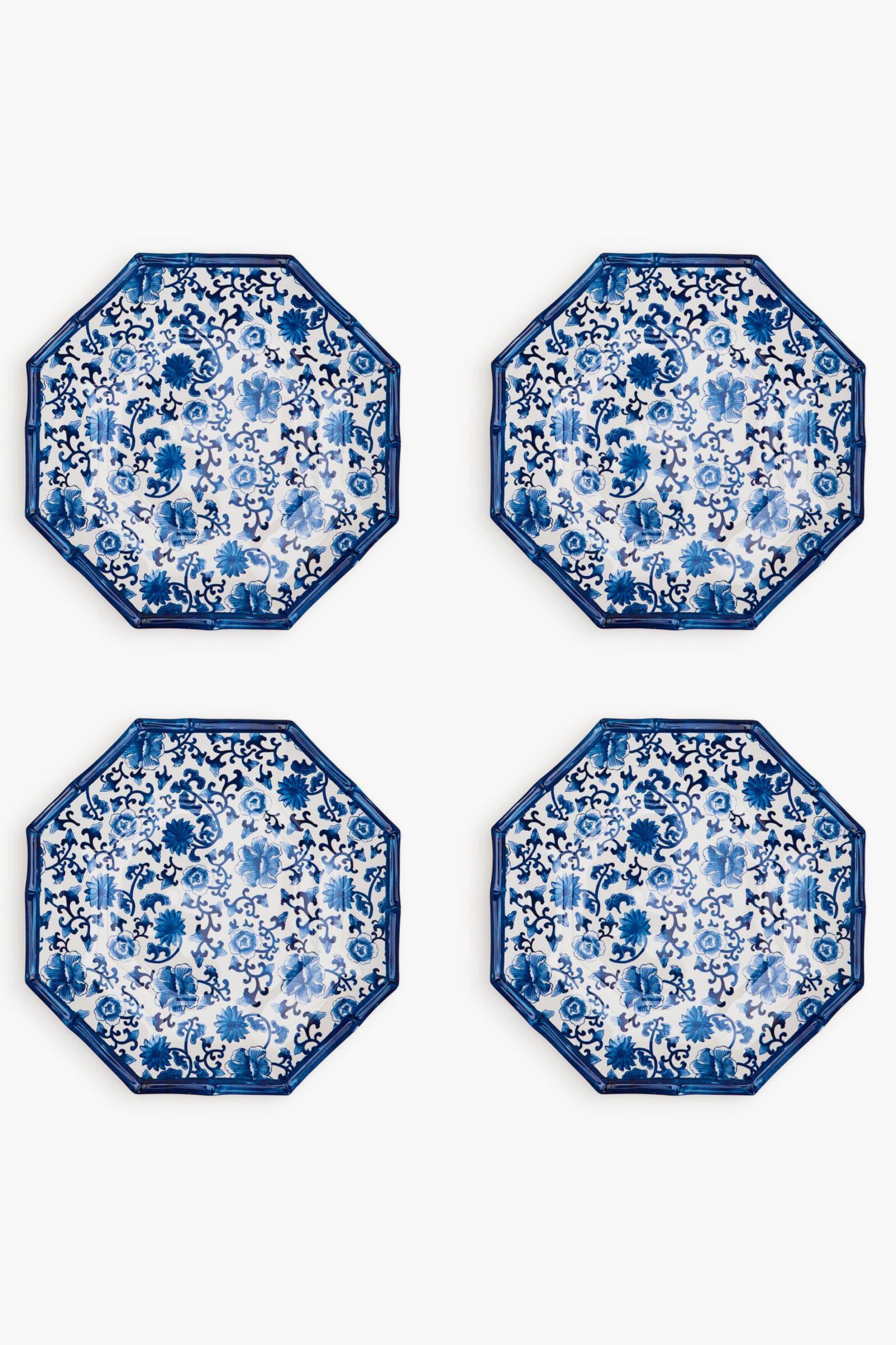 Set of 4 Chinoiserie Touch Octagonal Dinner Plate with Bamboo Rim