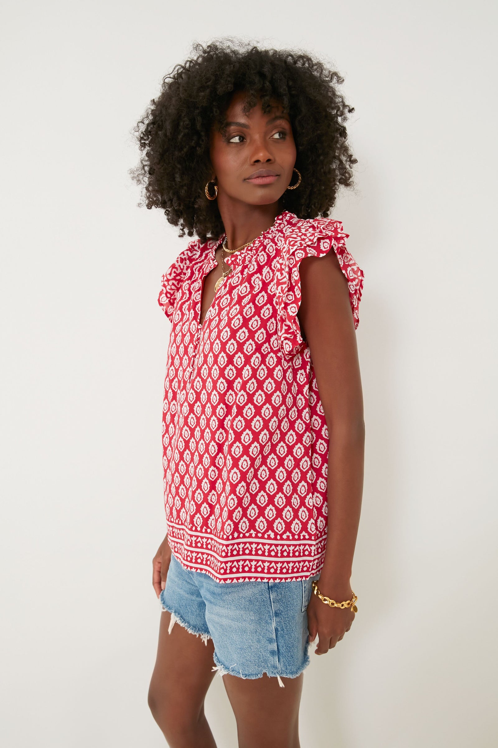 Lighthouse Red Tile Ruffle Top