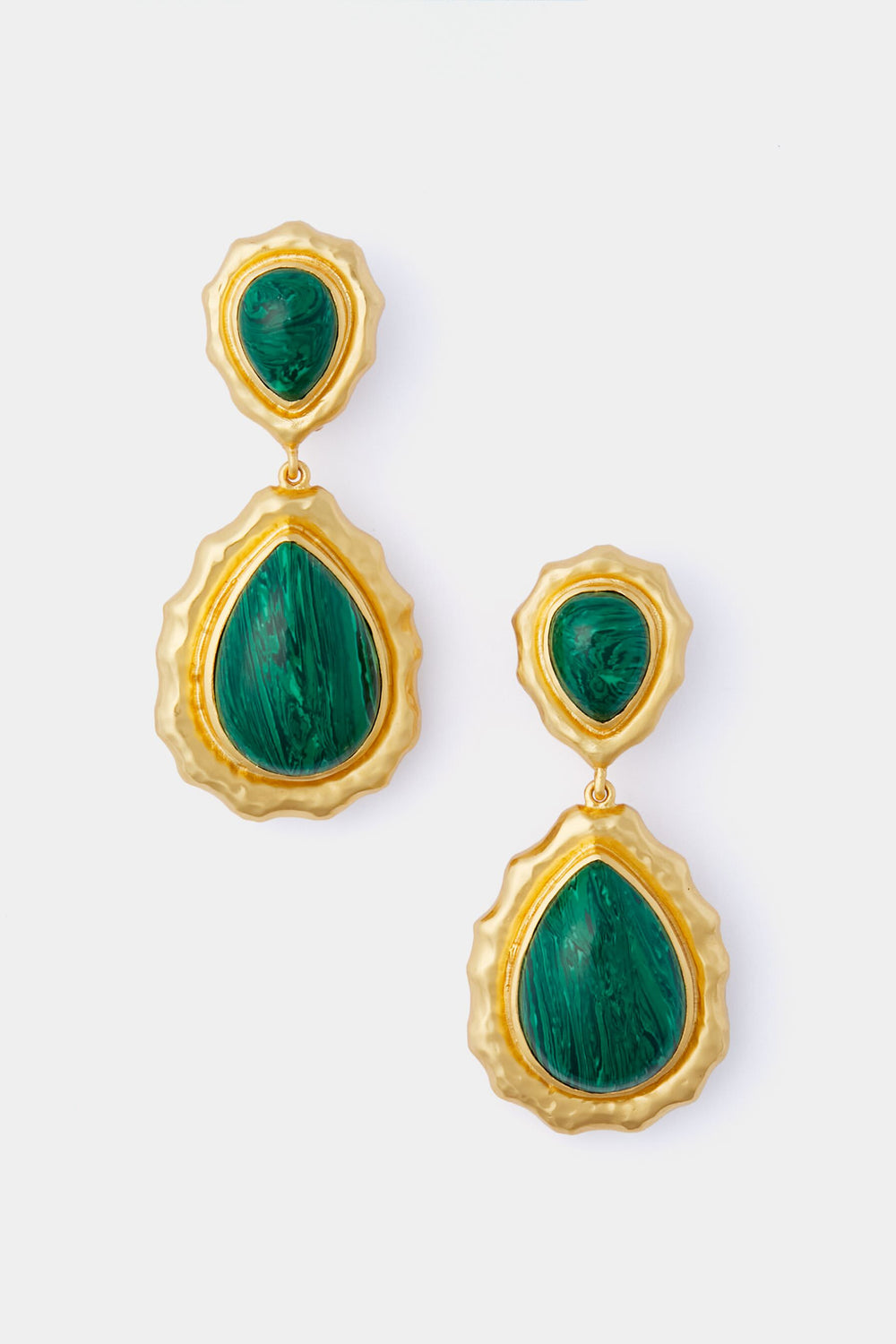 VALERE Gold Drop Malachite Paulina Earrings feature green marbled teardrop and round stones with textured 24k gold plated edges, elegantly crafted as clip-on earrings.