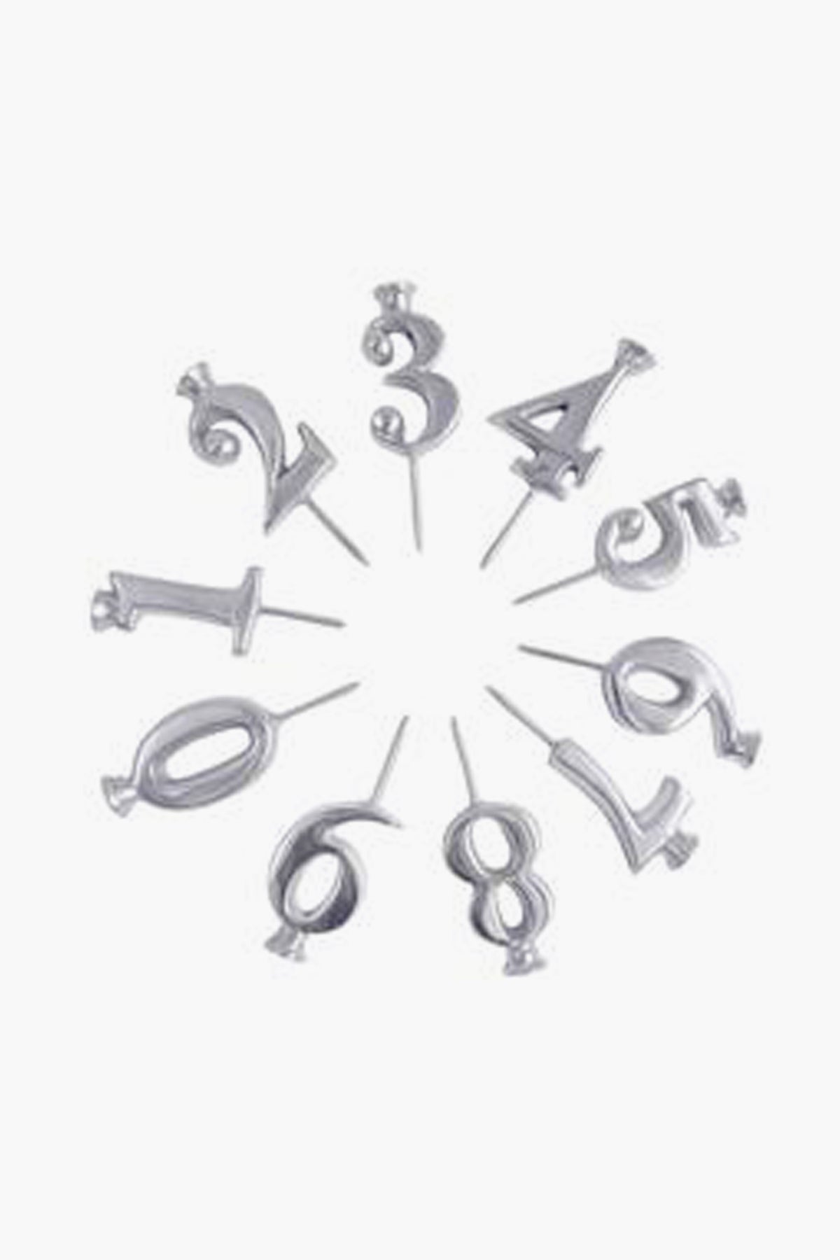 Mariposa silver number-shaped candles (0–9) arranged in a circle on recycled aluminum holders—an ideal handcrafted gift.
