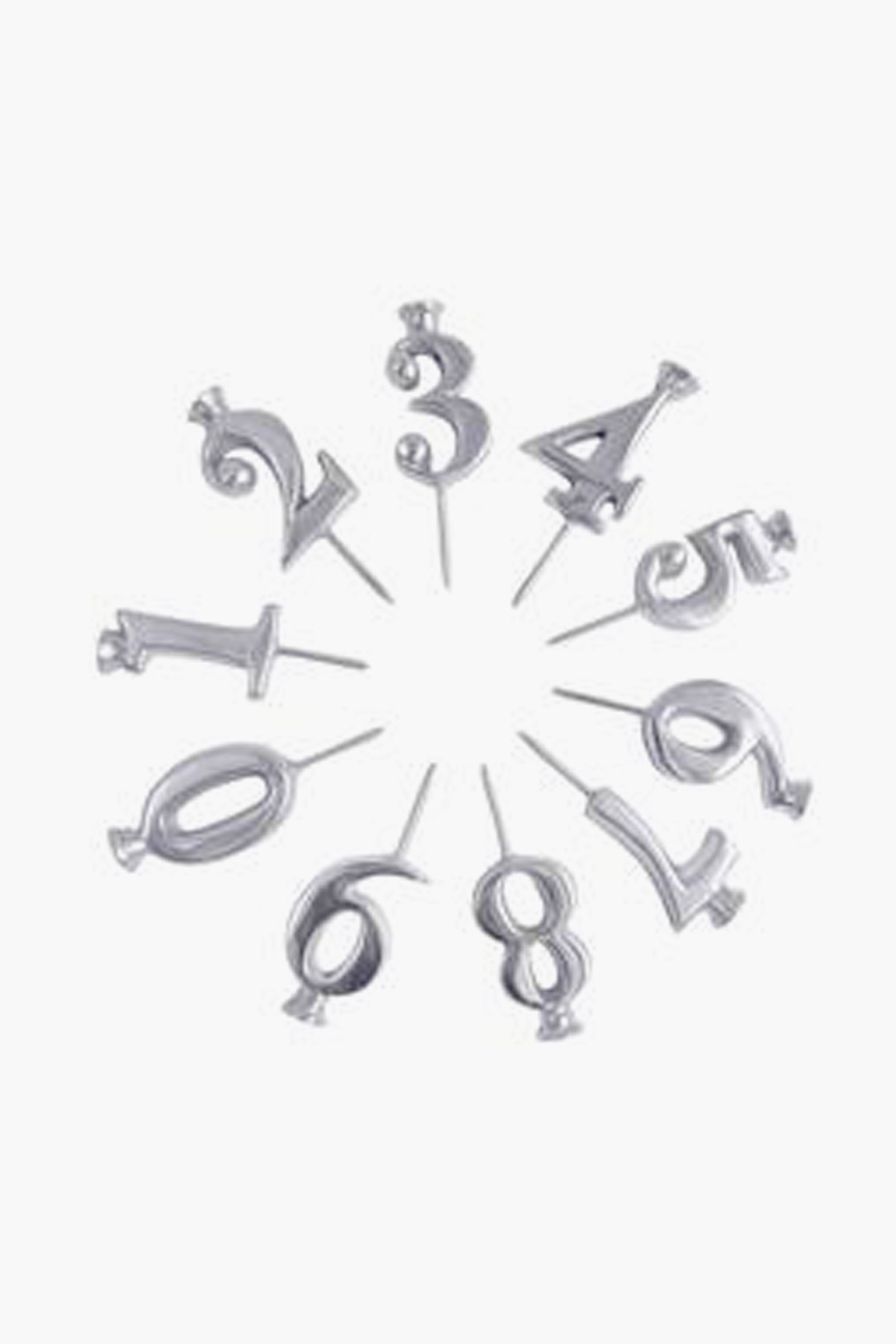 Mariposa silver number-shaped candles (0–9) arranged in a circle on recycled aluminum holders—an ideal handcrafted gift.