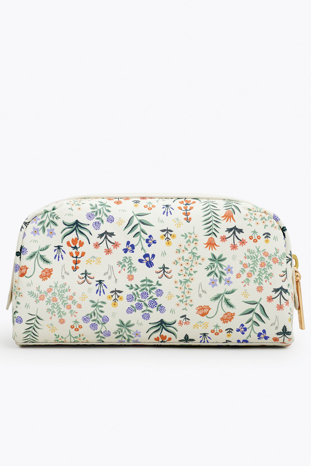 A small rectangular cream cosmetic pouch with a zipper, decorated with Rifle Paper Co.'s hand-painted multicolored florals.
