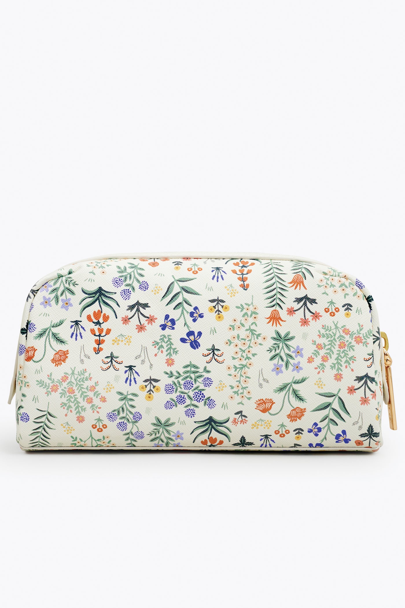 A small rectangular cream cosmetic pouch with a zipper, decorated with Rifle Paper Co.'s hand-painted multicolored florals.