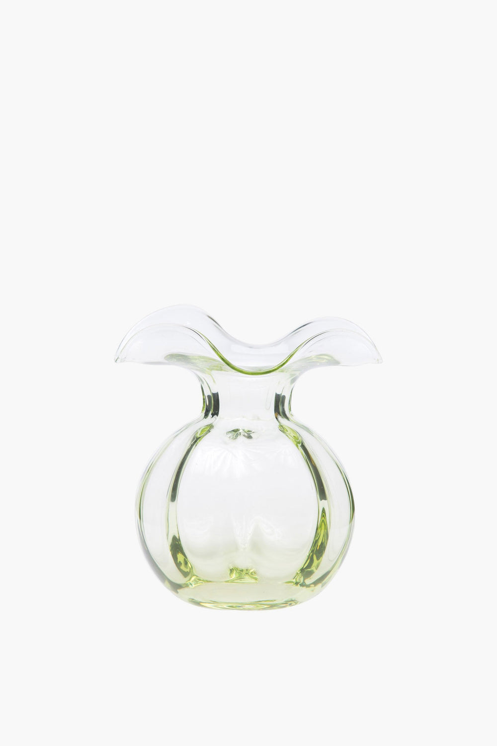 Vietri clear glass hibiscus vase with a wide, flared rim and round base, featuring a subtle green tint and artisan style inspired by Italian ceramic dinnerware.