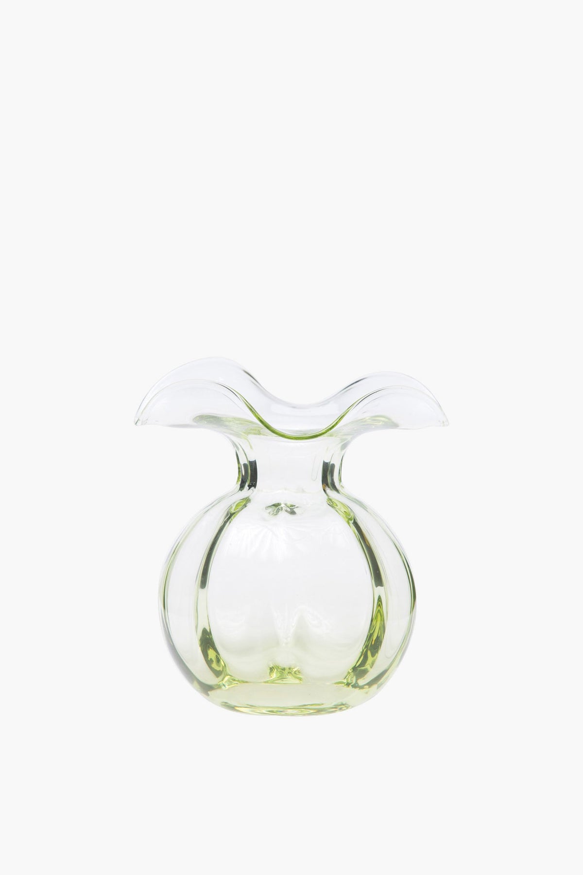 Vietri clear glass hibiscus vase with a wide, flared rim and round base, featuring a subtle green tint and artisan style inspired by Italian ceramic dinnerware.