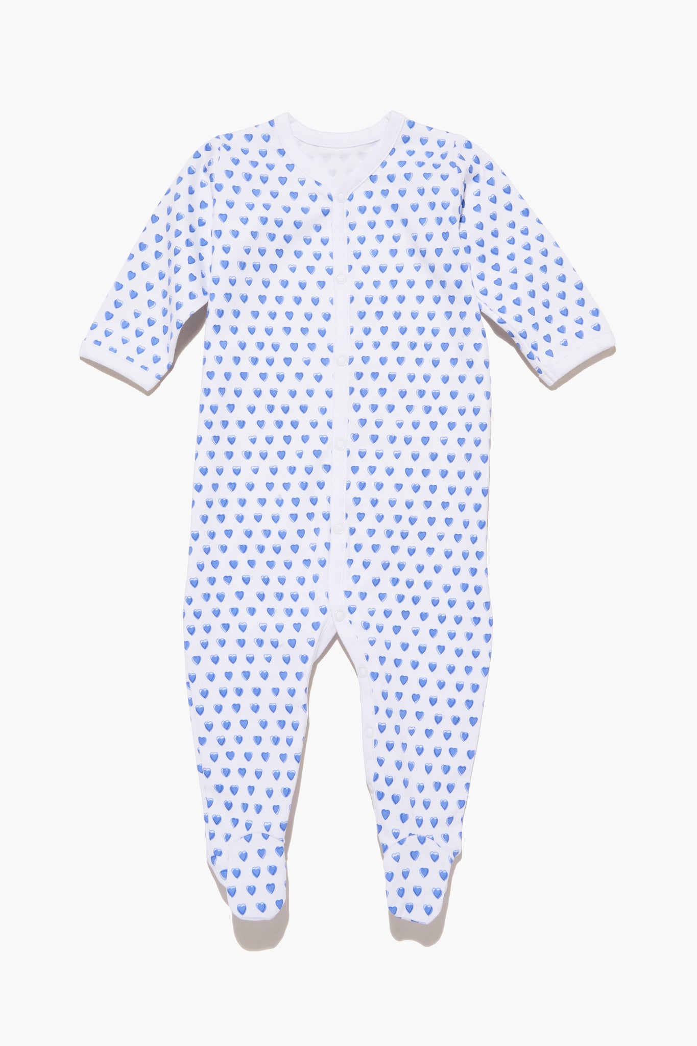 The Roller Rabbit white baby onesie has long sleeves and legs, a small blue heart pattern, and is made from soft Pima Cotton—perfect Heart Pajamas for your little one.