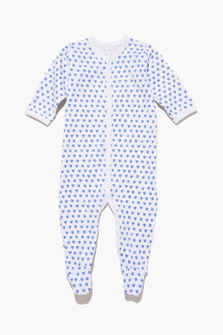 The Roller Rabbit white baby onesie has long sleeves and legs, a small blue heart pattern, and is made from soft Pima Cotton—perfect Heart Pajamas for your little one.