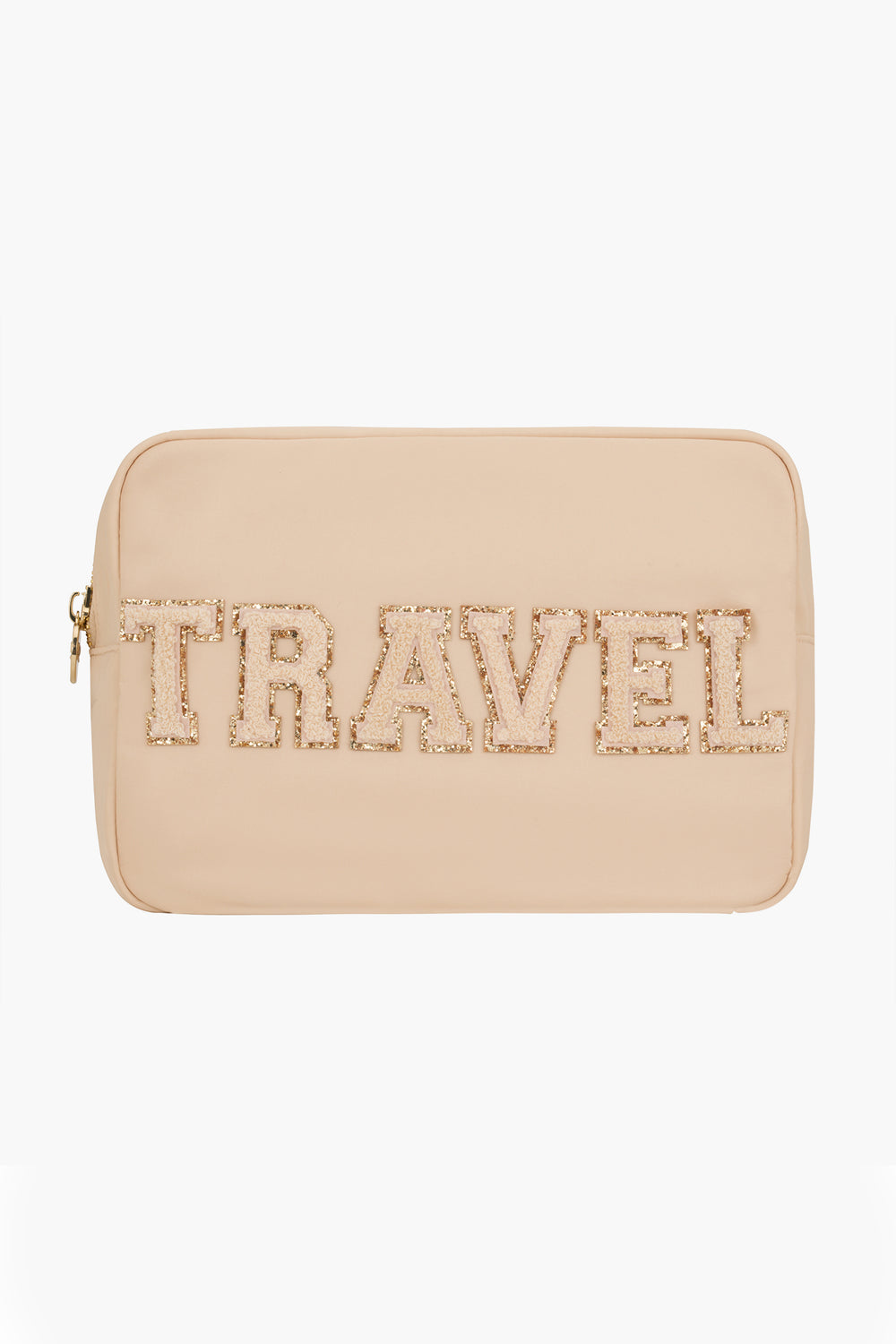 Stoney Clover Lane beige large pouch with zipper, featuring bold, textured "TRAVEL" letters—ideal for organizing your travel accessories.