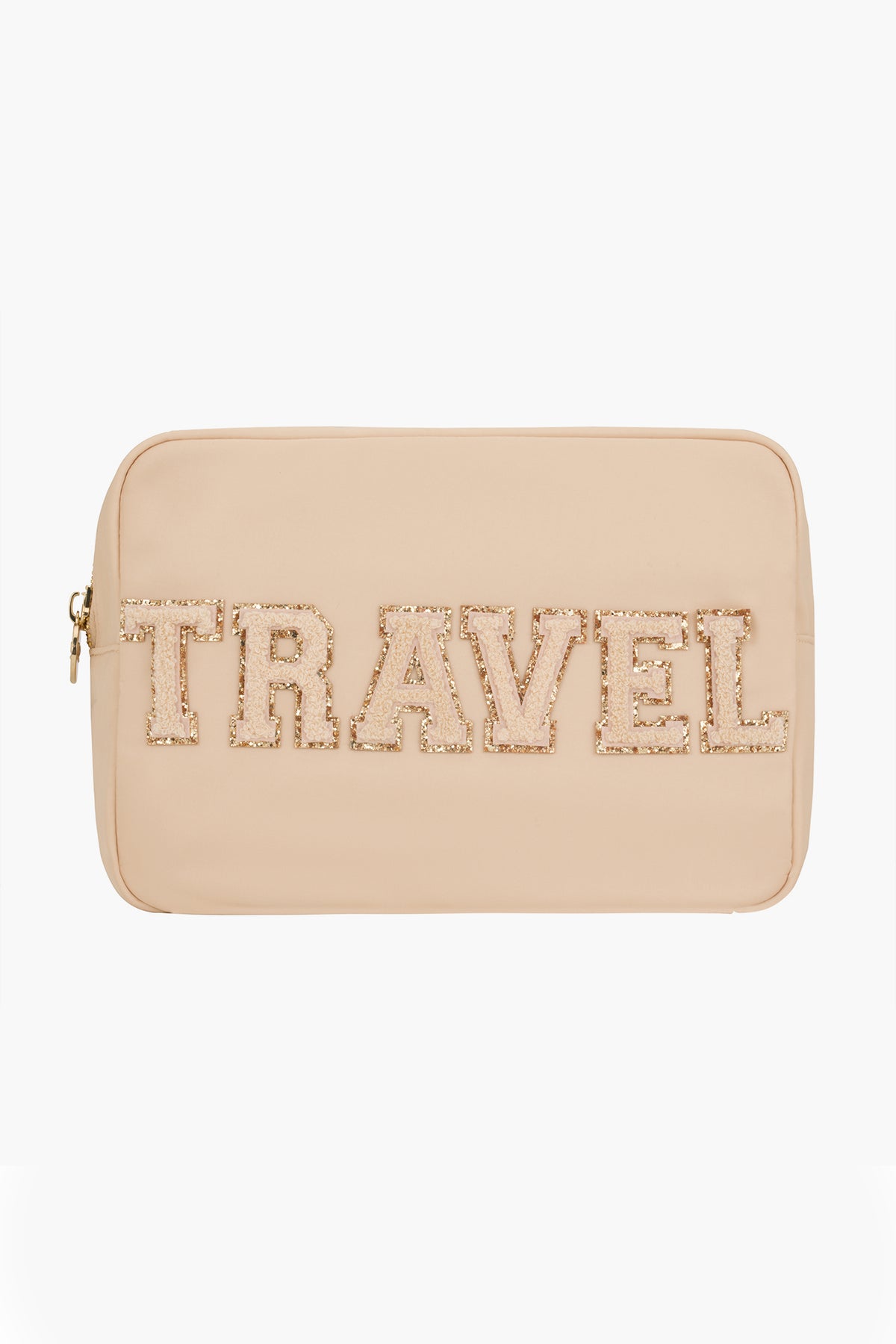 Stoney Clover Lane beige large pouch with zipper, featuring bold, textured "TRAVEL" letters—ideal for organizing your travel accessories.