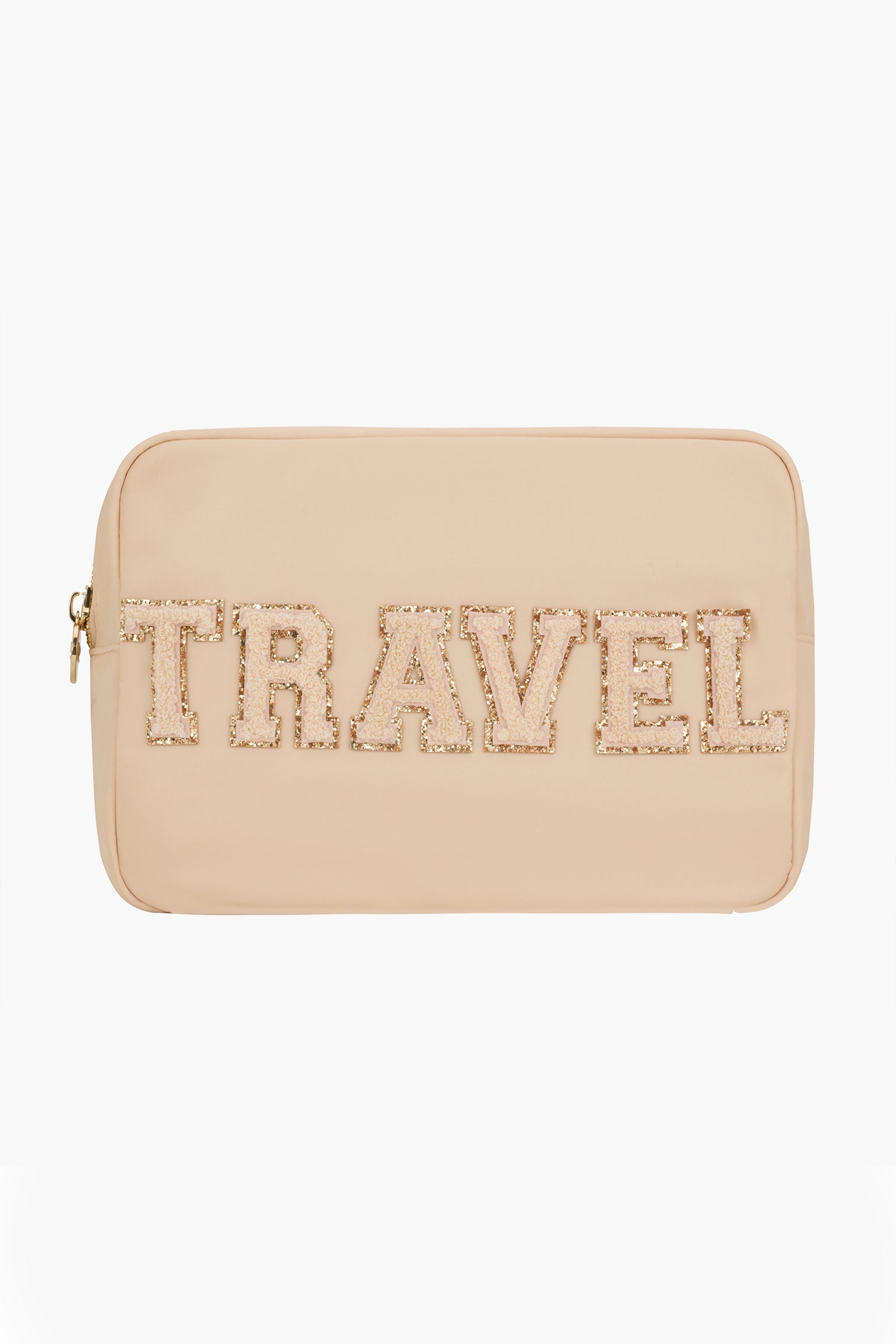 Stoney Clover Lane beige large pouch with zipper, featuring bold, textured "TRAVEL" letters—ideal for organizing your travel accessories.