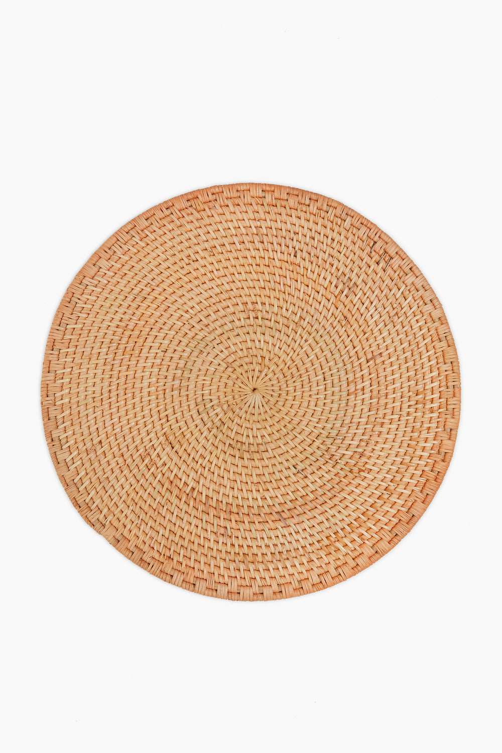 The Caton's Wharf round placemat, made from woven rattan in a natural tan shade, brings organic charm to your table.