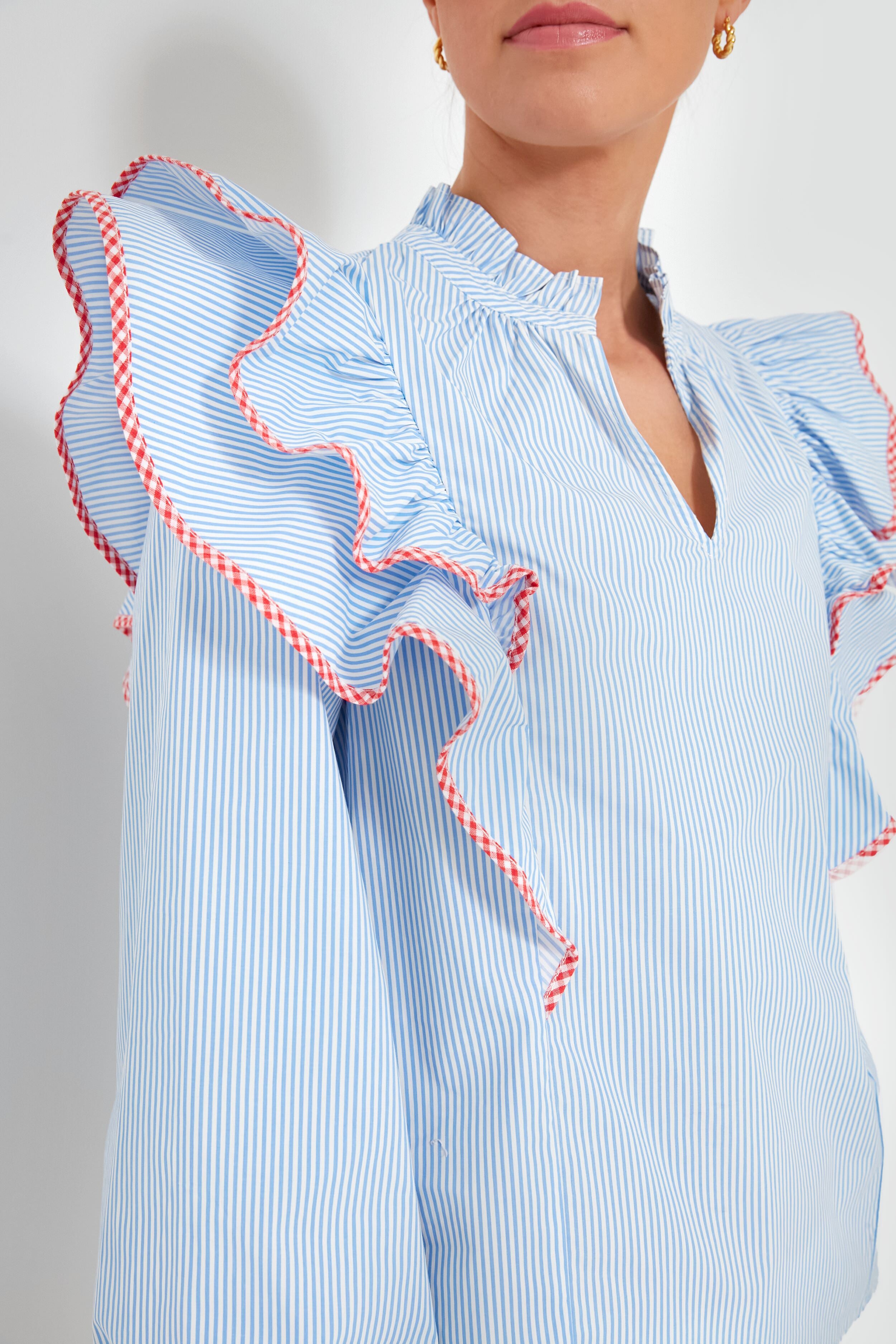 Blue Stripe Gingham Ruffle Holly Blouse
