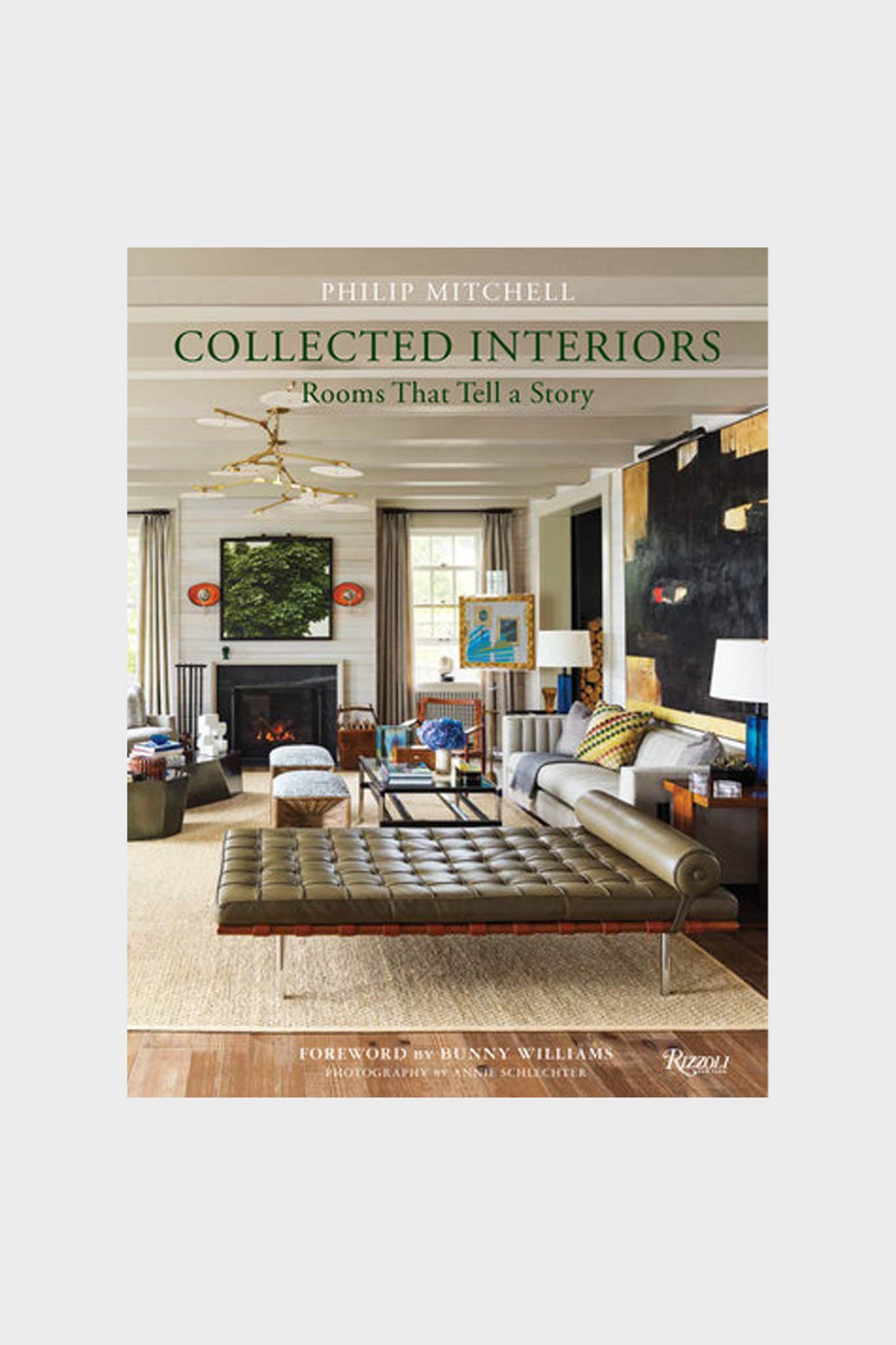 Book cover of Collected Interiors: Rooms That Tell a Story by Philip Mitchell from Rizzoli, highlighting modern maximalism in interior design with a chic living room, contemporary furnishings, and eclectic decor elements.
