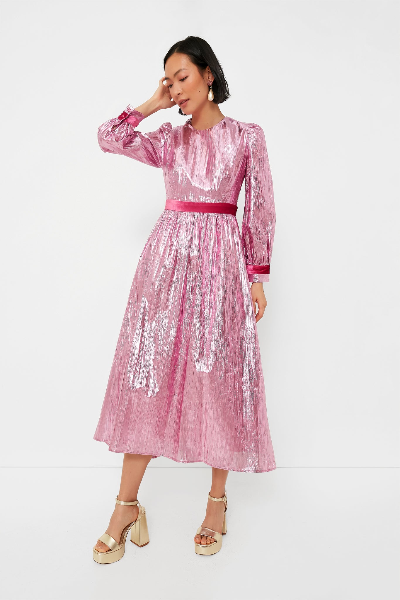 Petite Premium Lace High Neck Puff Sleeve Midi Dress | boohoo